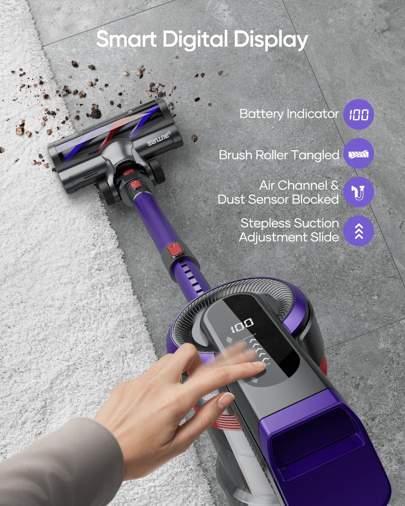 Buture JR400 vacuum smart digital display with stepless suction adjustment slider, battery indicator, brush roller tangled alert, air channel and dust sensor blockage warning.