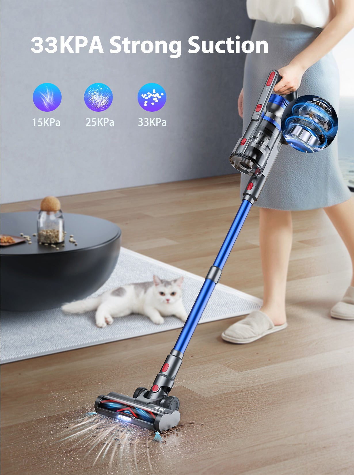 Buture JR500 vacuum cleaner with 33KPa strong suction and adjustable power modes: 15KPa, 25KPa, and 33KPa for versatile cleaning performance