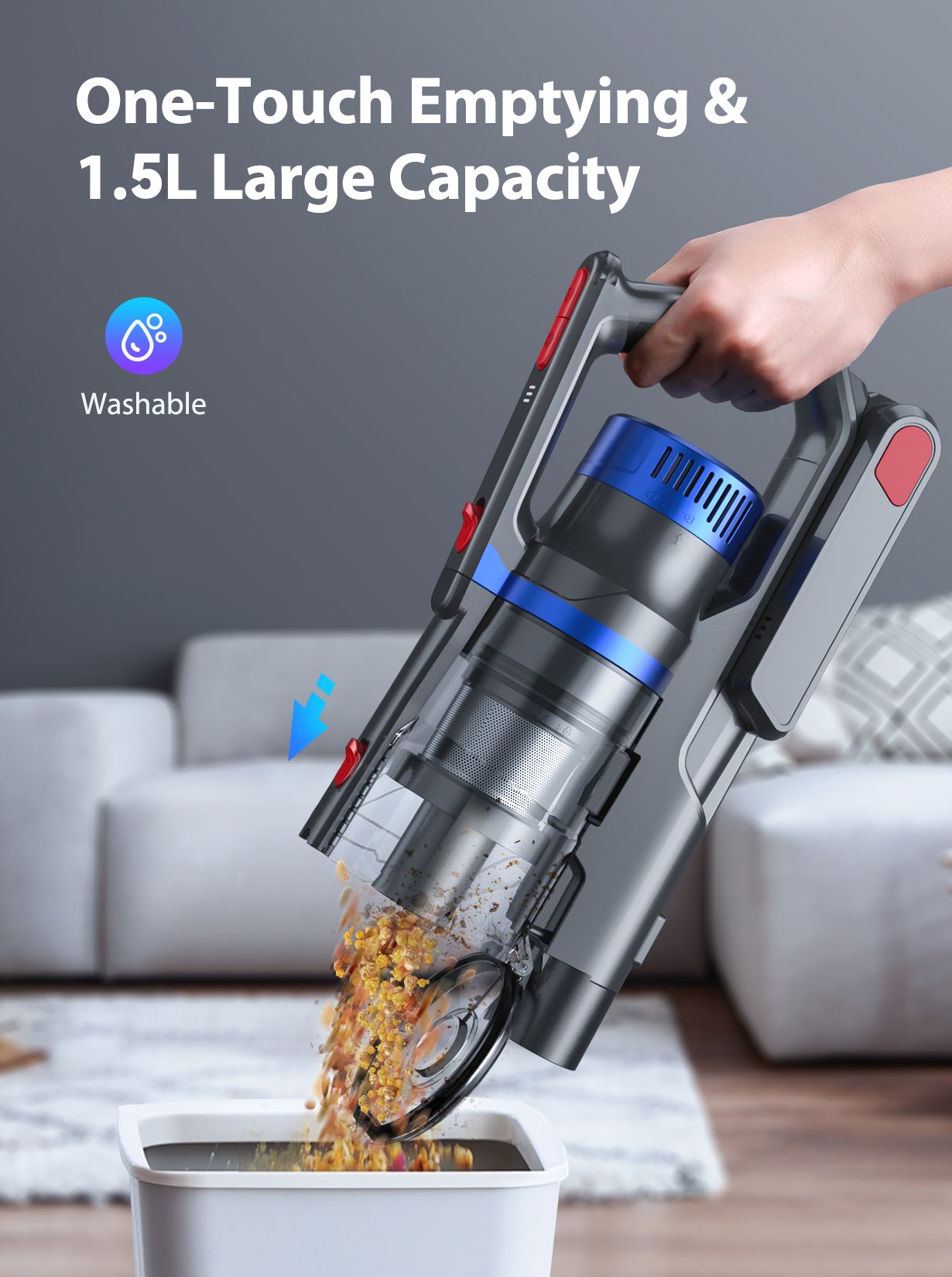 Buture JR500 handheld vacuum cleaner with one-touch dustbin emptying, 1.5L large capacity, and washable design for easy maintenance