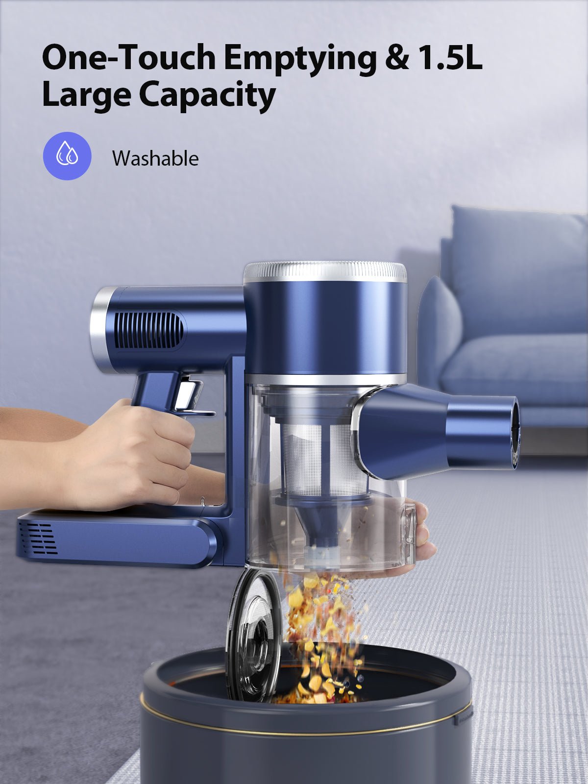 Buture JR600 bagless vacuum cleaner with 1.5L large dust cup and one-touch emptying design for easy cleaning