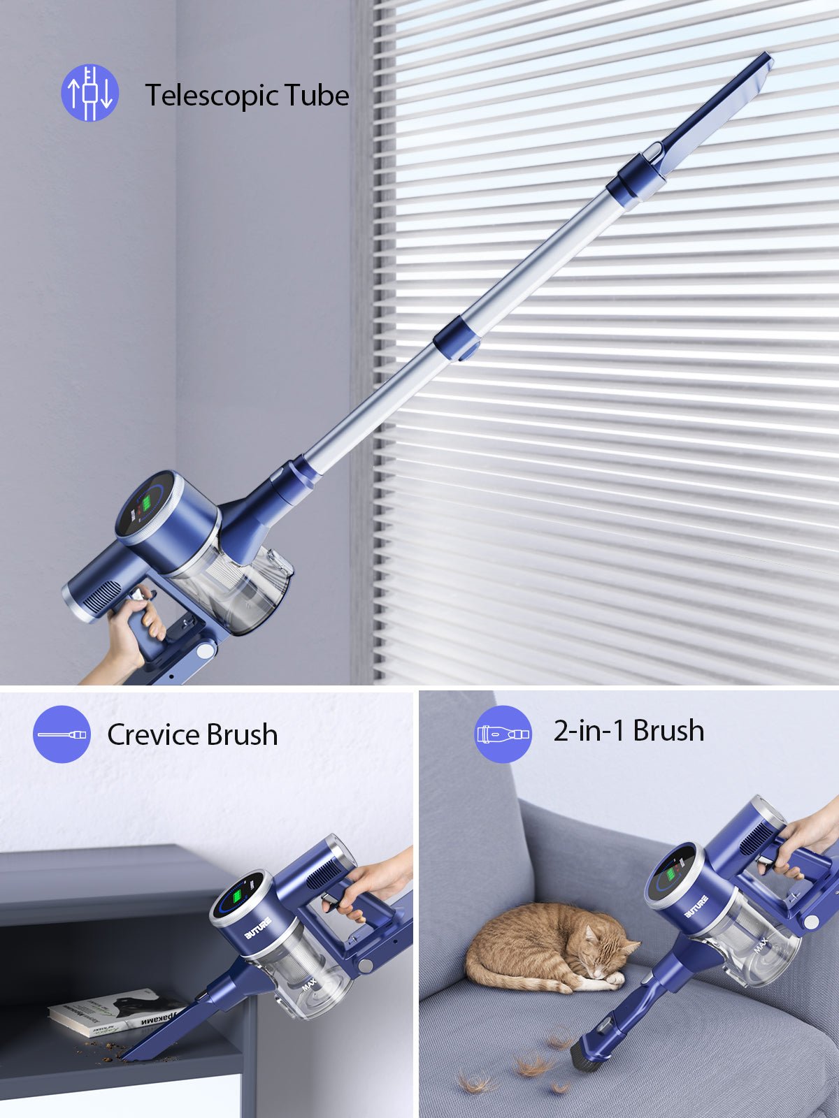 Buture JR600 multi-functional vacuum accessories including telescopic tube, crevice brush, and 2-in-1 brush for cleaning dust on curtains, bookshelves, sofas, and hard-to-reach areas