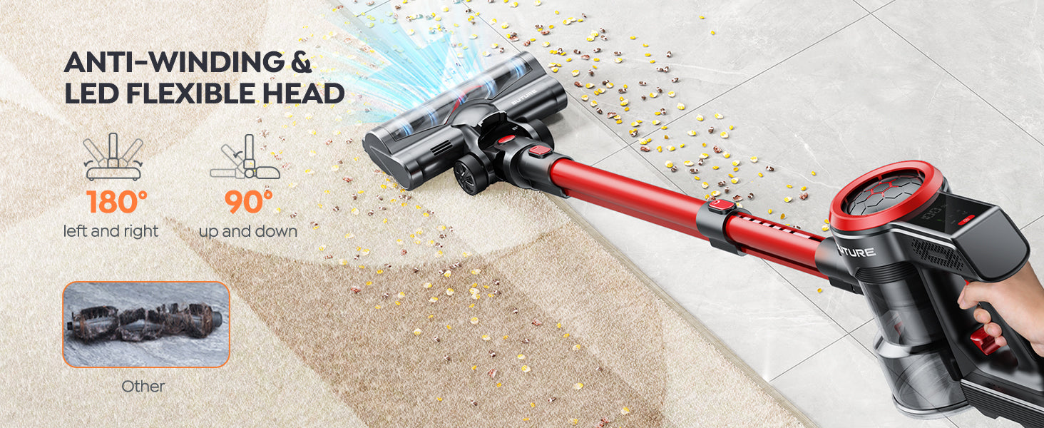 Buture JR700 Red cordless vacuum cleaner with anti-winding design roller and LED flexible brush head that swivels 180° sideways and 90° vertically, offering easier maneuverability compared to other hoovers in market.