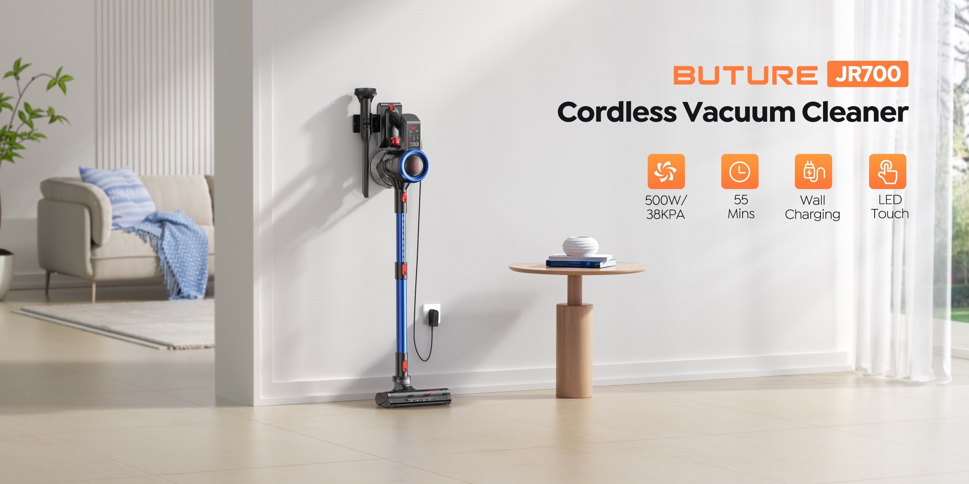Buture JR700 Stick Vacuum Cleaner features a stepless brush head that effortlessly manages fine hair and foreign objects of various sizes. Additionally, it is equipped with a probe light, enabling you to see cleaning details more intuitively.