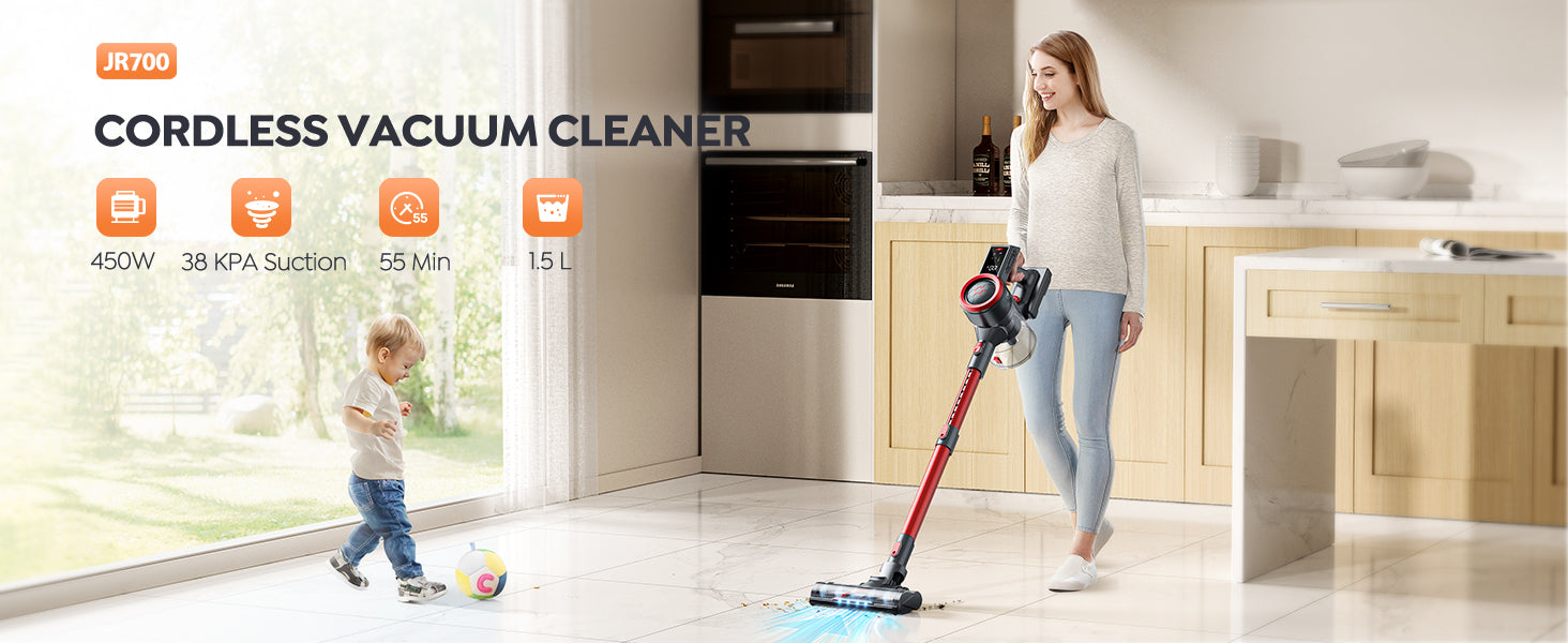 Buture JR700 Red cordless vacuum cleaner delivers strong 450W suction power with up to 55 minutes of runtime and a large 1.5L dustbin for less frequent emptying.