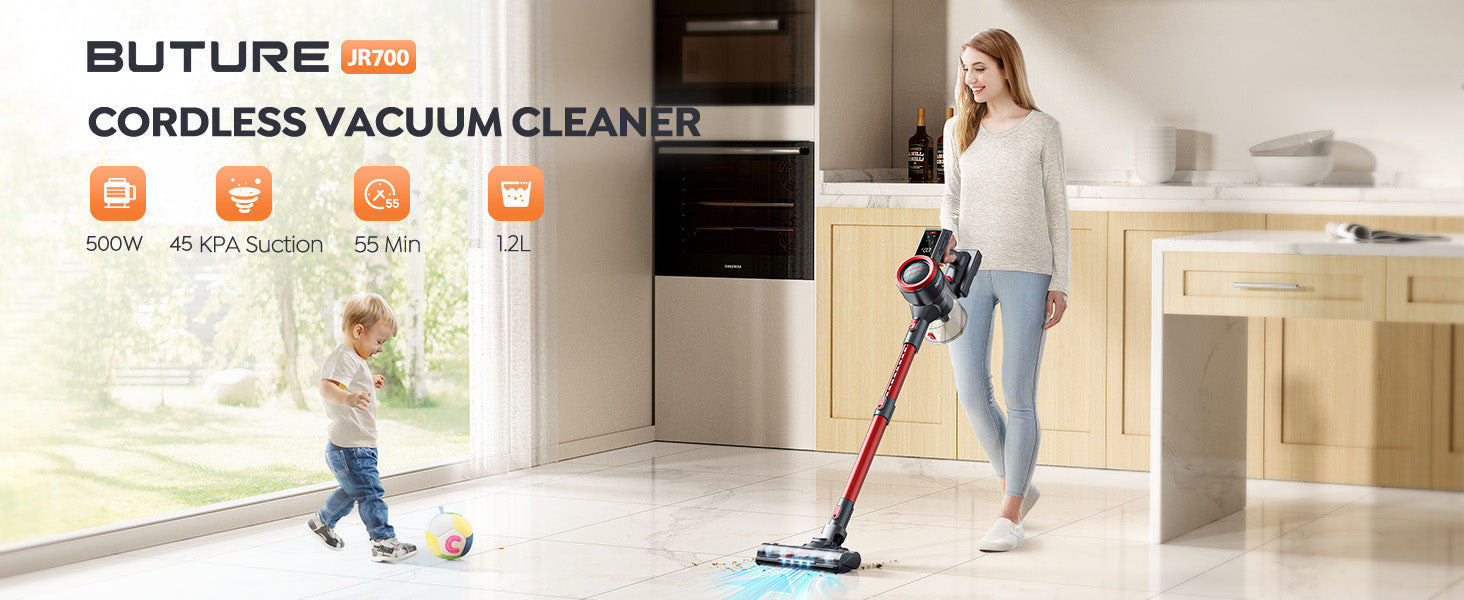 Buture JR700 Red cordless vacuum cleaner delivers strong 500W suction power with up to 55 minutes of runtime and a large 1.5L dustbin for less frequent emptying.