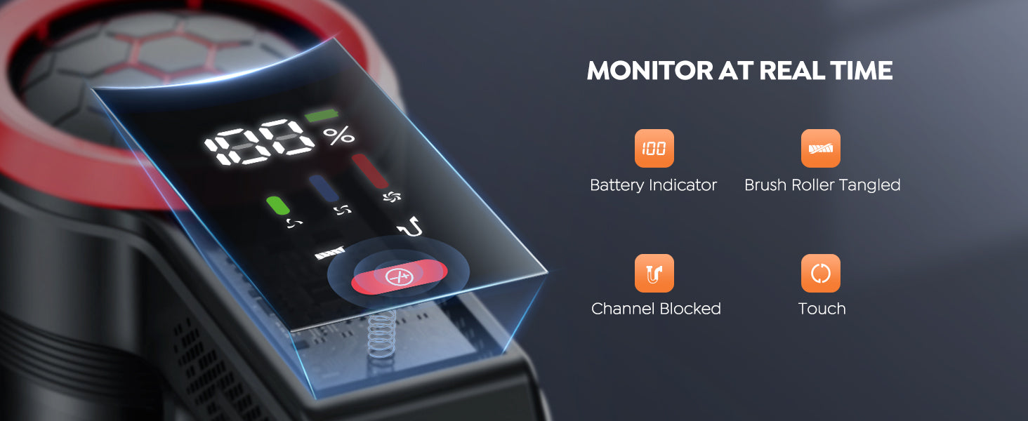 Buture JR700 Red cordless vacuum cleaner with touch screen for real-time monitoring of battery level, brush roller tangles, and blockage alerts.