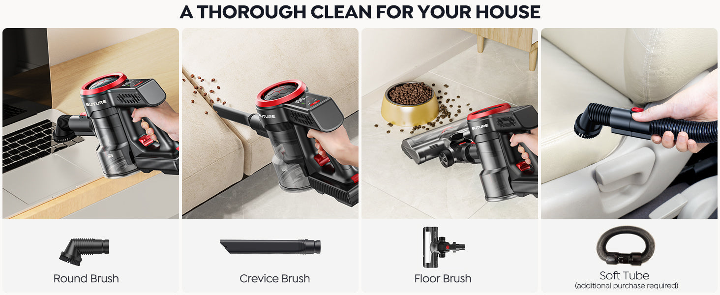 Buture JR700 Red cordless vacuum cleaner with versatile tools including round brush, crevice brush, floor brush, and optional soft tube for thorough cleaning at home.