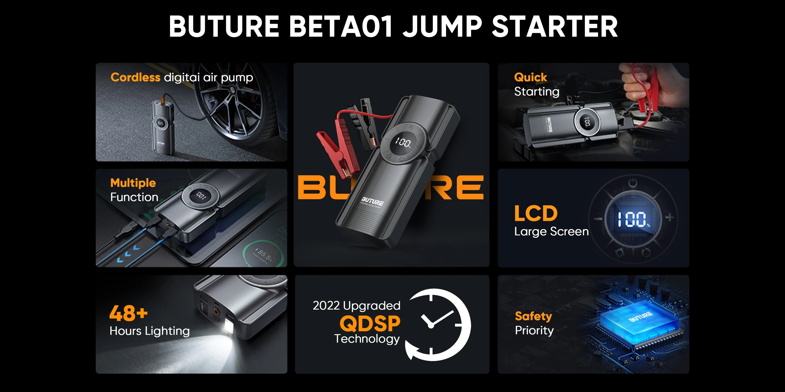 Buture Beta01 Jump Starter featuring cordless digital air pump, multi-function use, 48+ hours lighting, upgraded 2024 QDSP technology, quick engine start, large LCD screen, and enhanced safety protection.