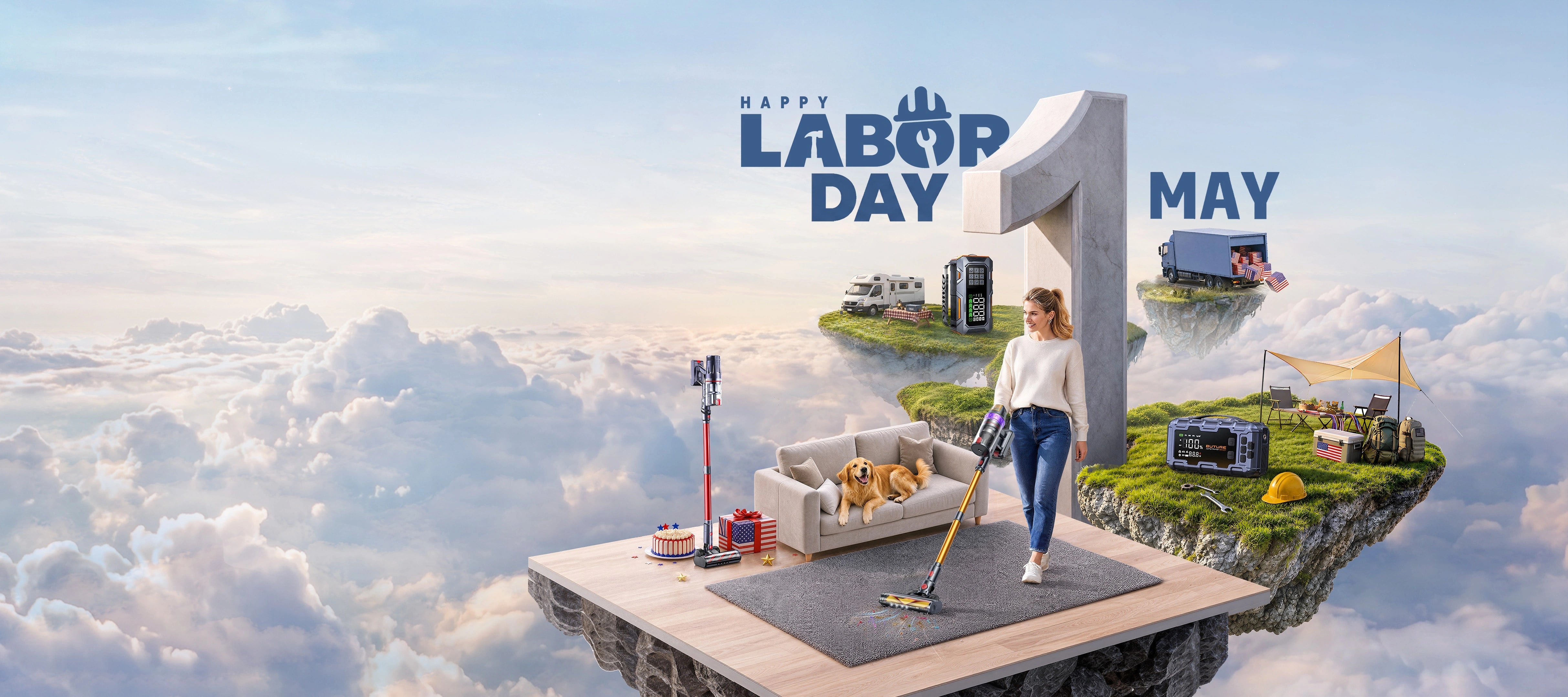 Buture Labor Day sale banner featuring cordless vacuum and car jump starter, up to 72% off flash deals.