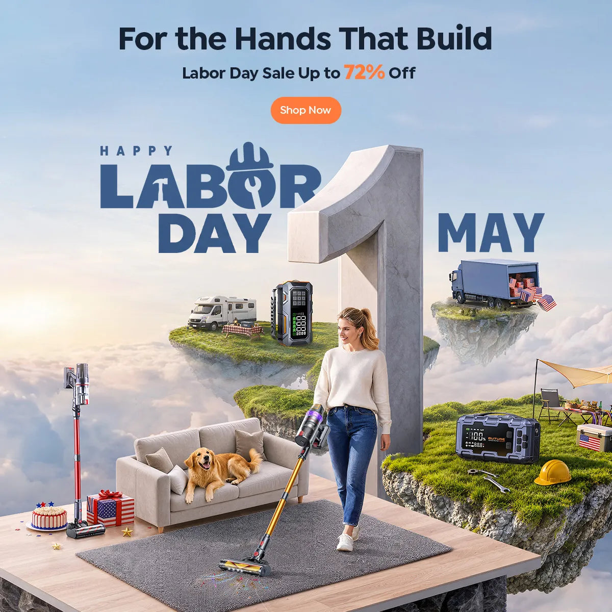 Buture Labor Day sale banner featuring cordless vacuum and car jump starter, up to 72% off flash deals.