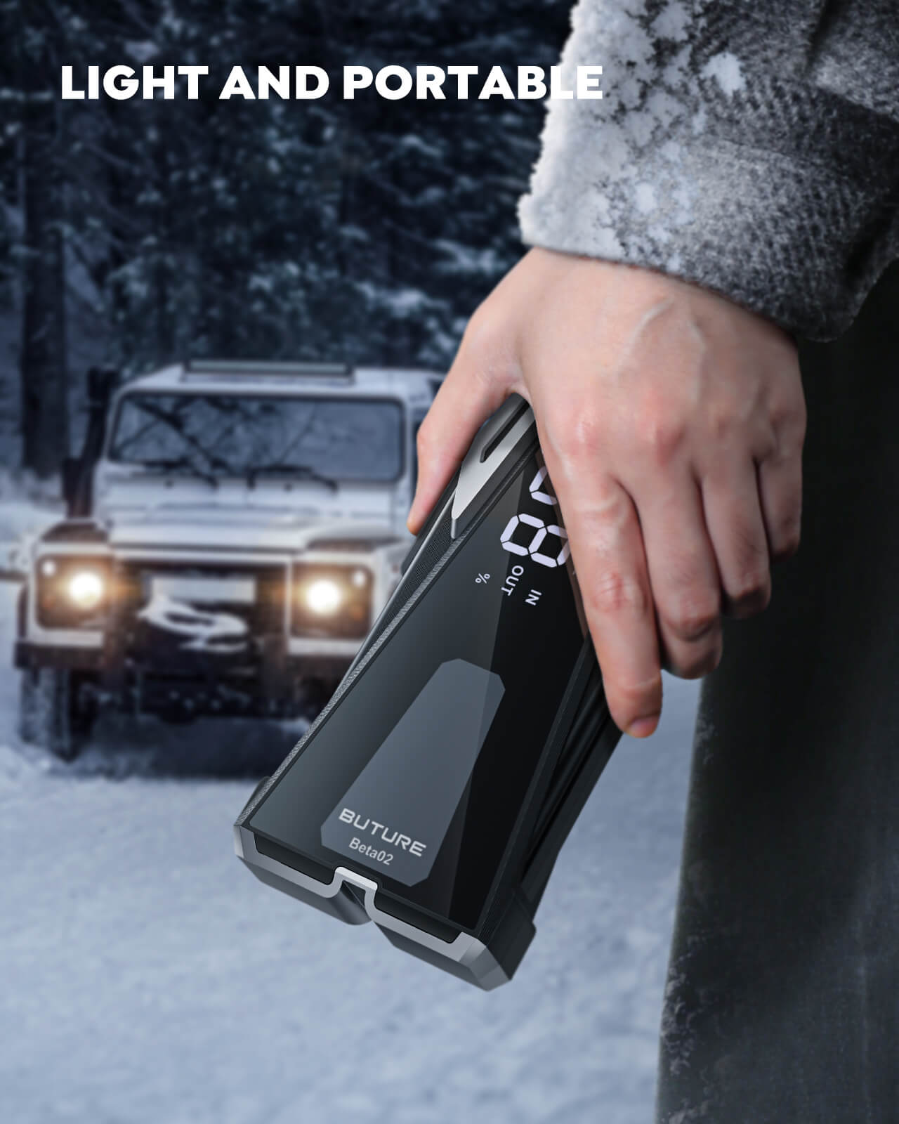 Buture Beta02 car jump starter held in hand, featuring a compact, lightweight, waterproof and dust-proof design for reliable outdoor use