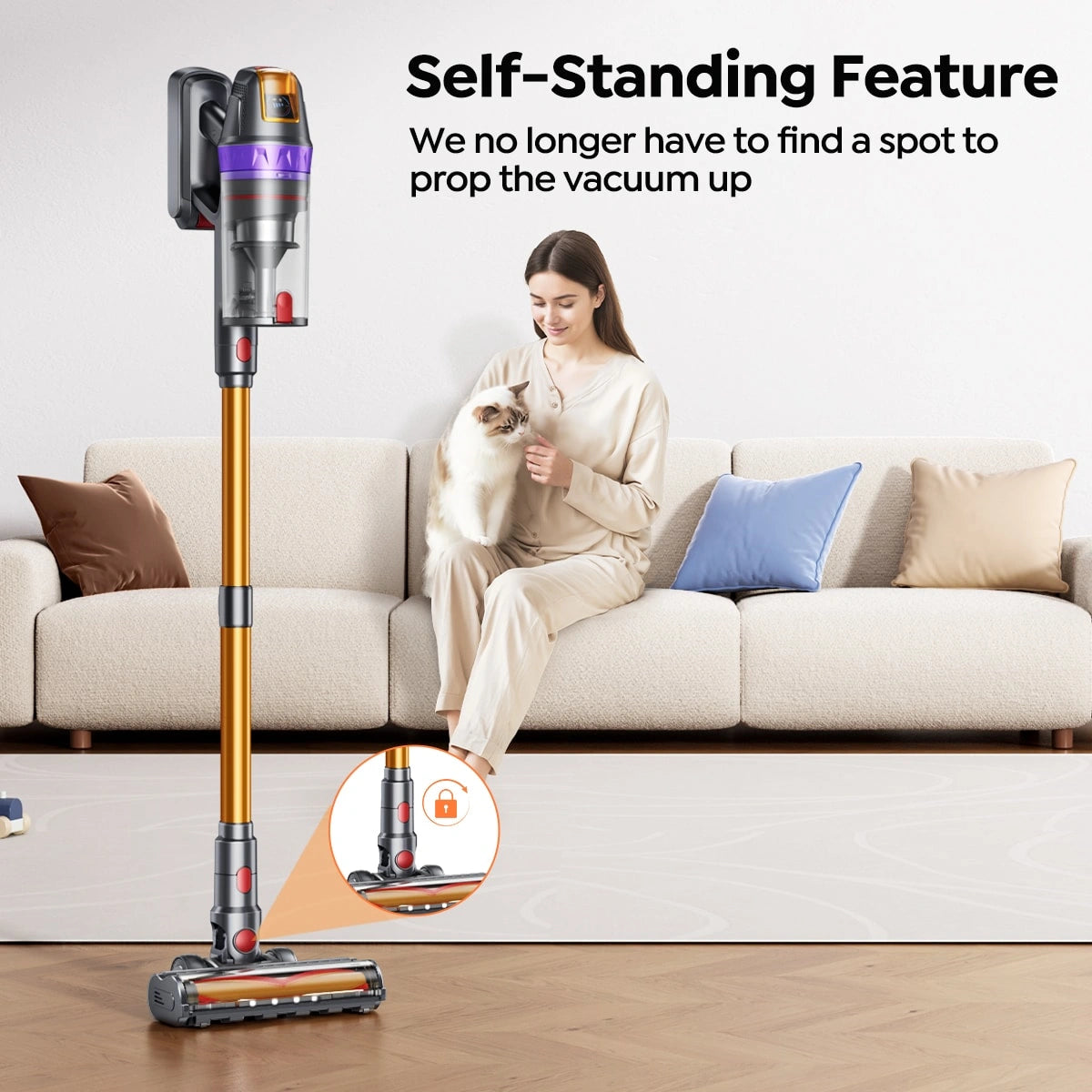 With Buture VC90 Vacuum's self-standing feature, you no longer have to find a spot to prop the vacuum up.