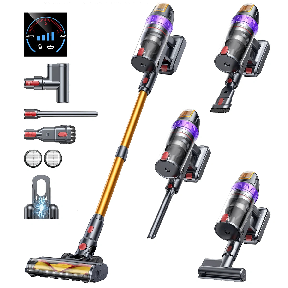 Multifunctional vacuum cleaner with attachments on a white background.