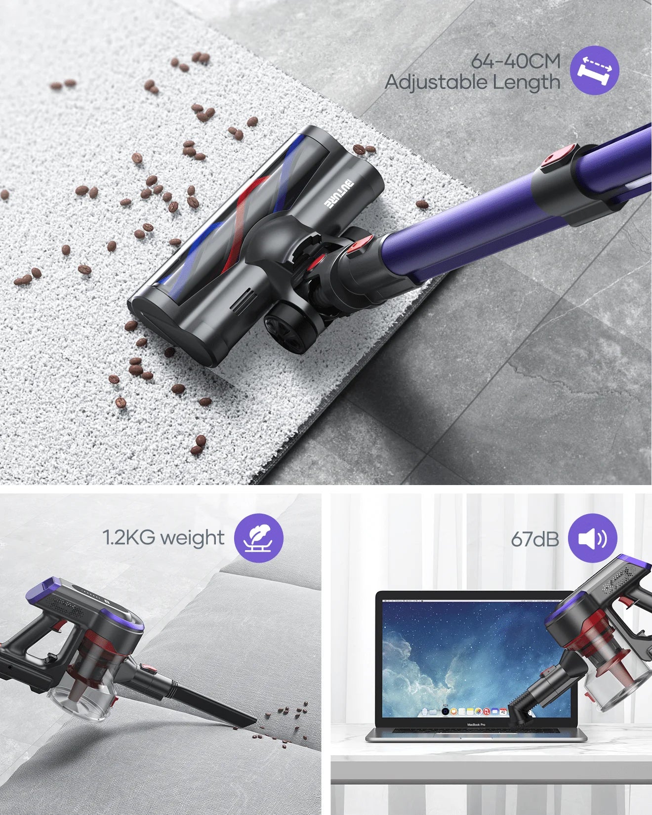 Buture JR400 cordless vacuum with 64–40CM adjustable tube, super lightweight 1.2KG, quiet operation at 67 decibels