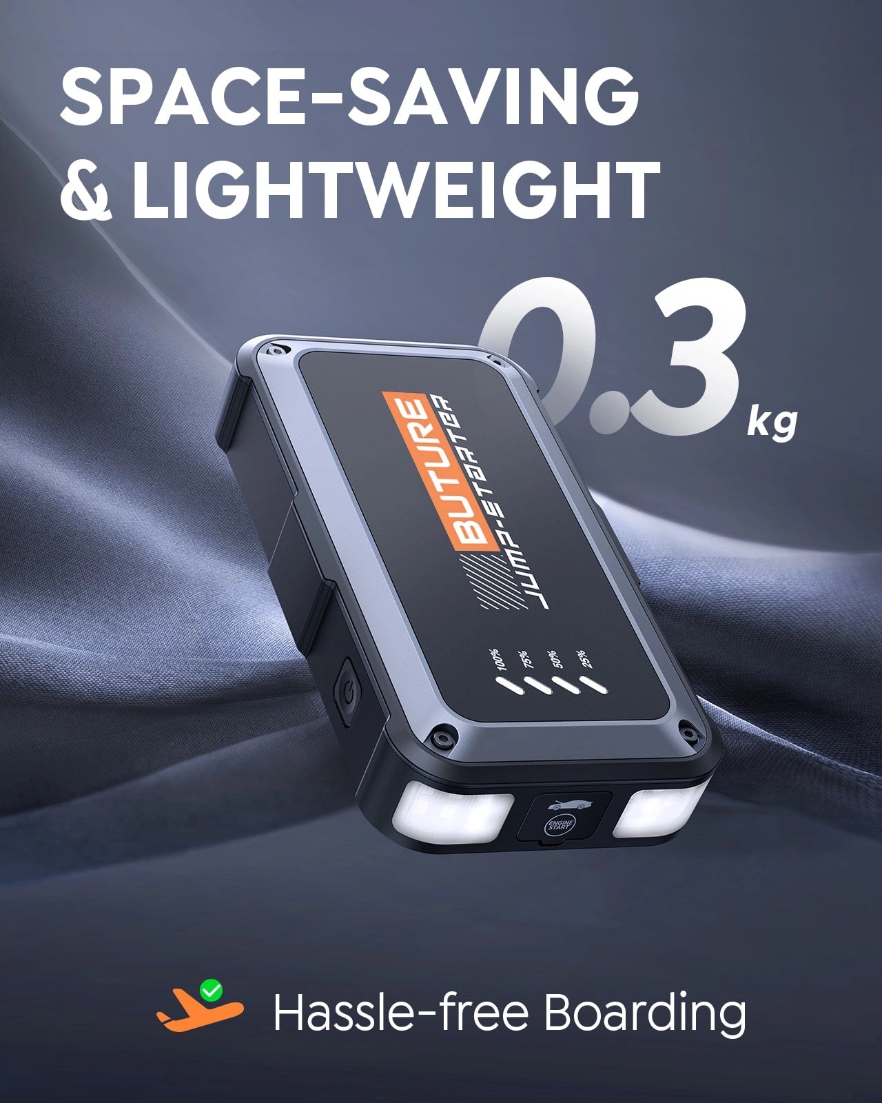 Buture Beta08 lightweight car battery jump box of 0.3kg space saving for hassle-free boarding