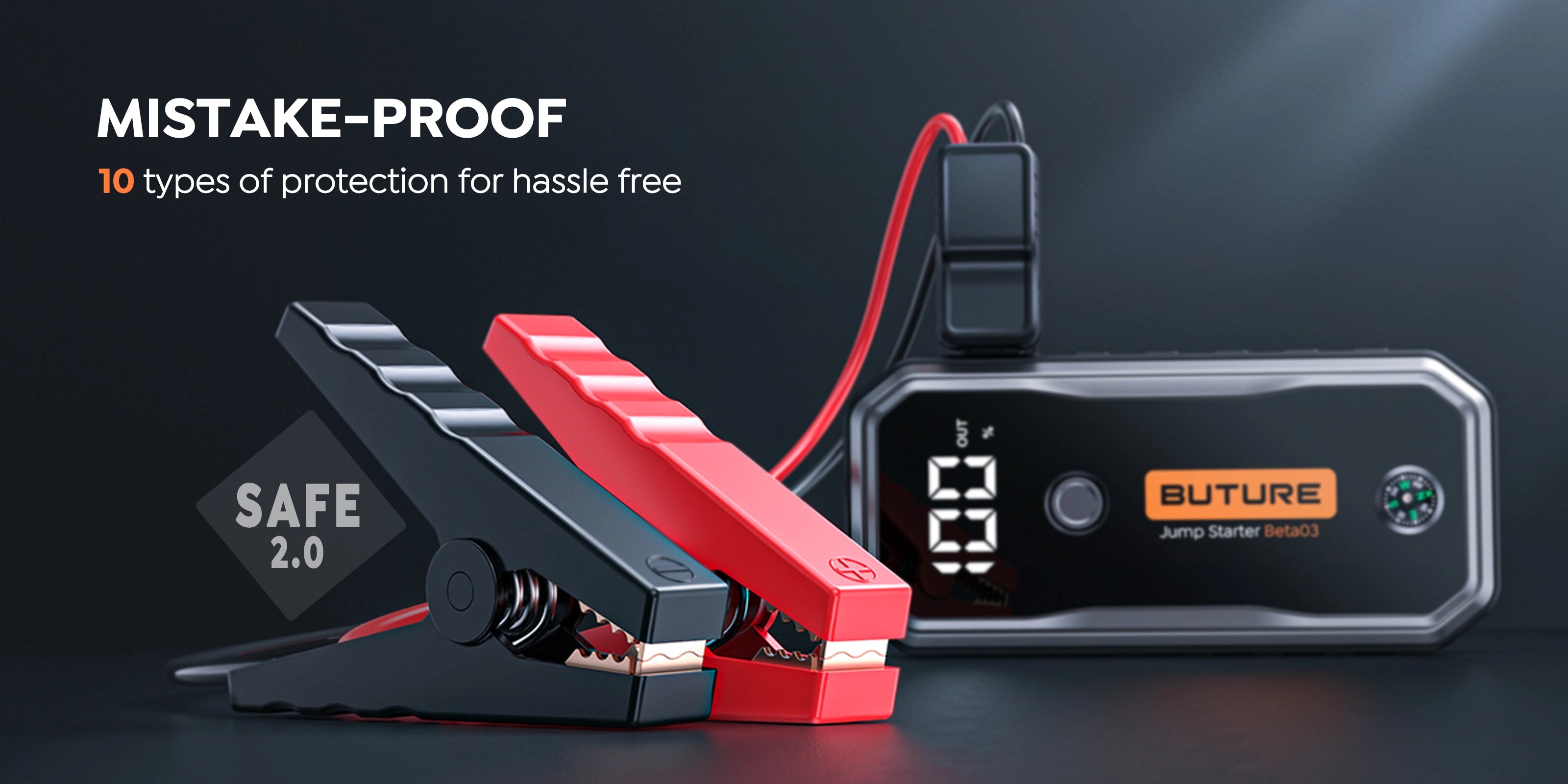 Buture Beta03 car jump starter equipped with SMART 2.0 jumper cables featuring 10 advanced safety protections, offering mistake-proof, hassle-free, and safe engine starts even for beginners.