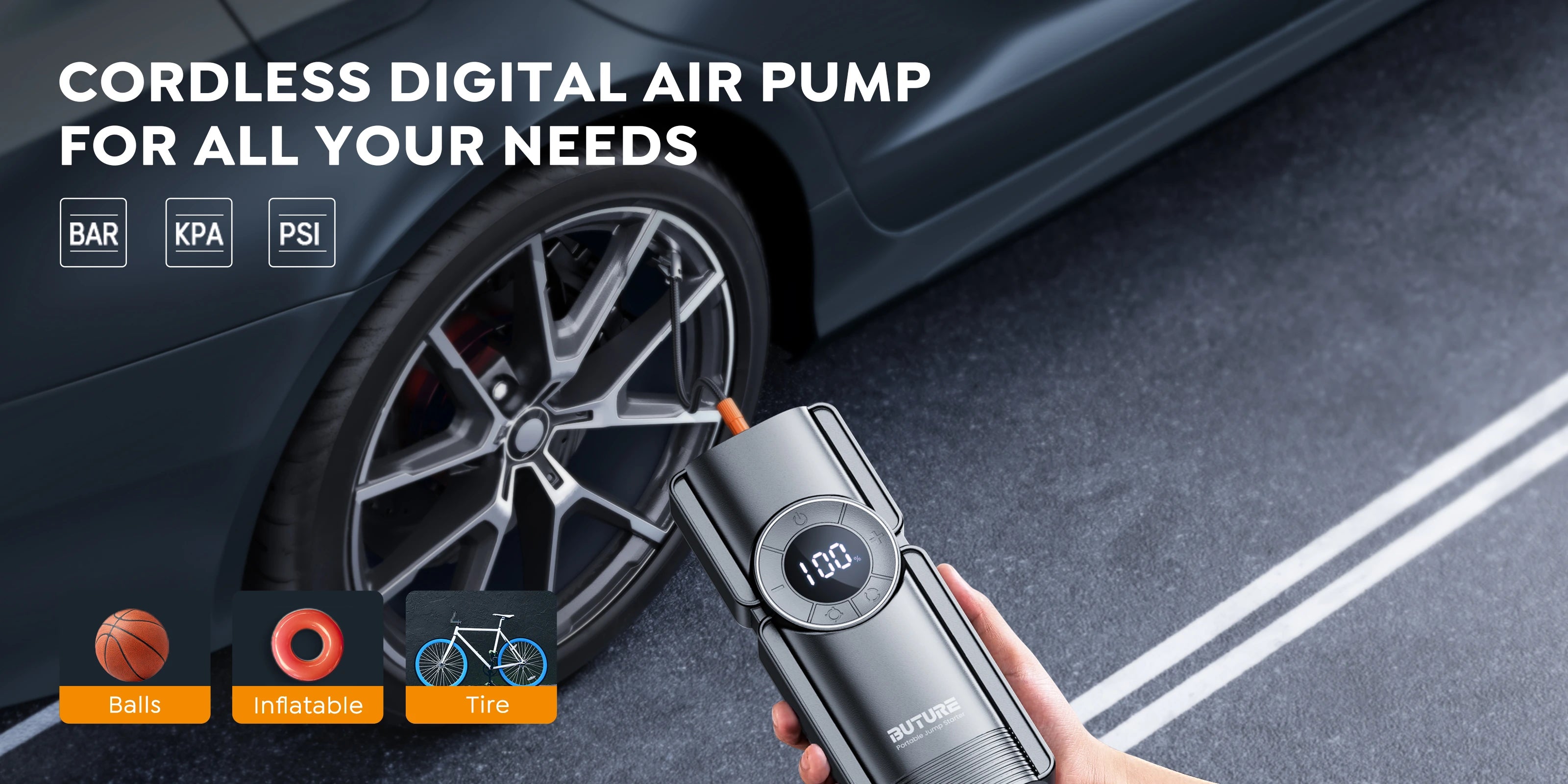 Buture Beta01 cordless digital air pump with BAR/KPA/PSI units, ideal for inflating car tires, balls, and other inflatables—portable and versatile for various inflation needs.
