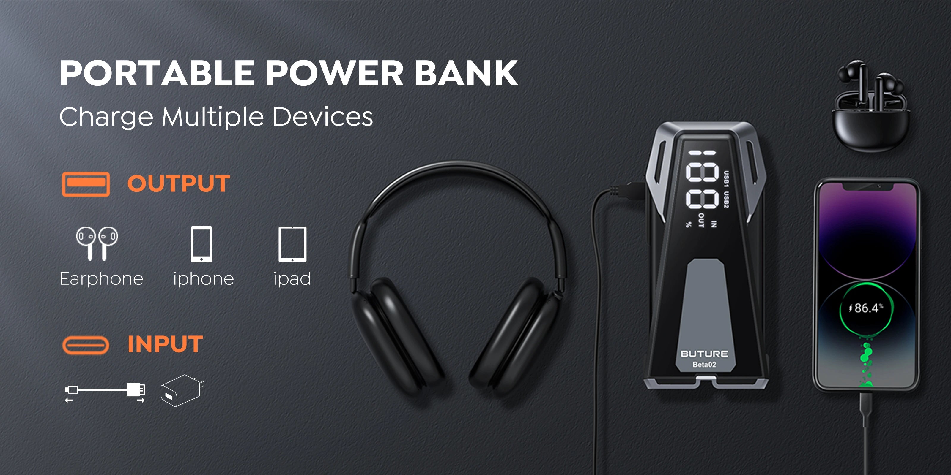 Buture Beta02 car jump starter doubles as a portable power bank, capable of charging multiple devices such as earphones, iPhone, and iPad, with USB cable and adapter input support.