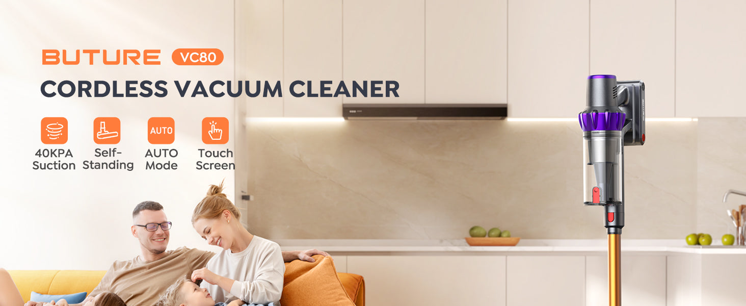 Buture VC80 Smart Cordless Vacuum Cleaner with powerful 40KPA suction, intuitive touch screen, and AUTO mode; lightweight and self-standing design for easy use and efficient home cleaning.