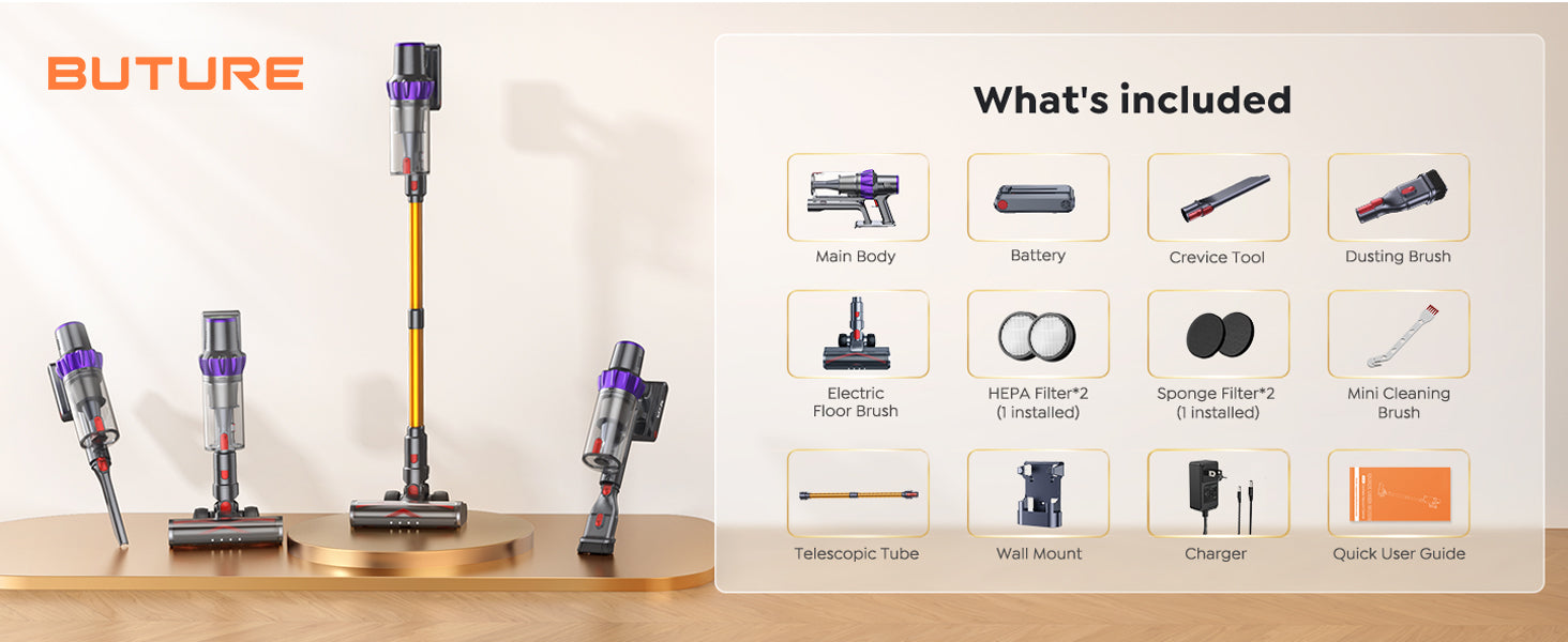 Buture VC80 cordless vacuum cleaner package contents showing main body, battery, crevice tool, dusting brush, electric floor brush, two HEPA filters, two sponge filters, mini cleaning brush, telescopic tube, wall mount, charger, and quick user guide.