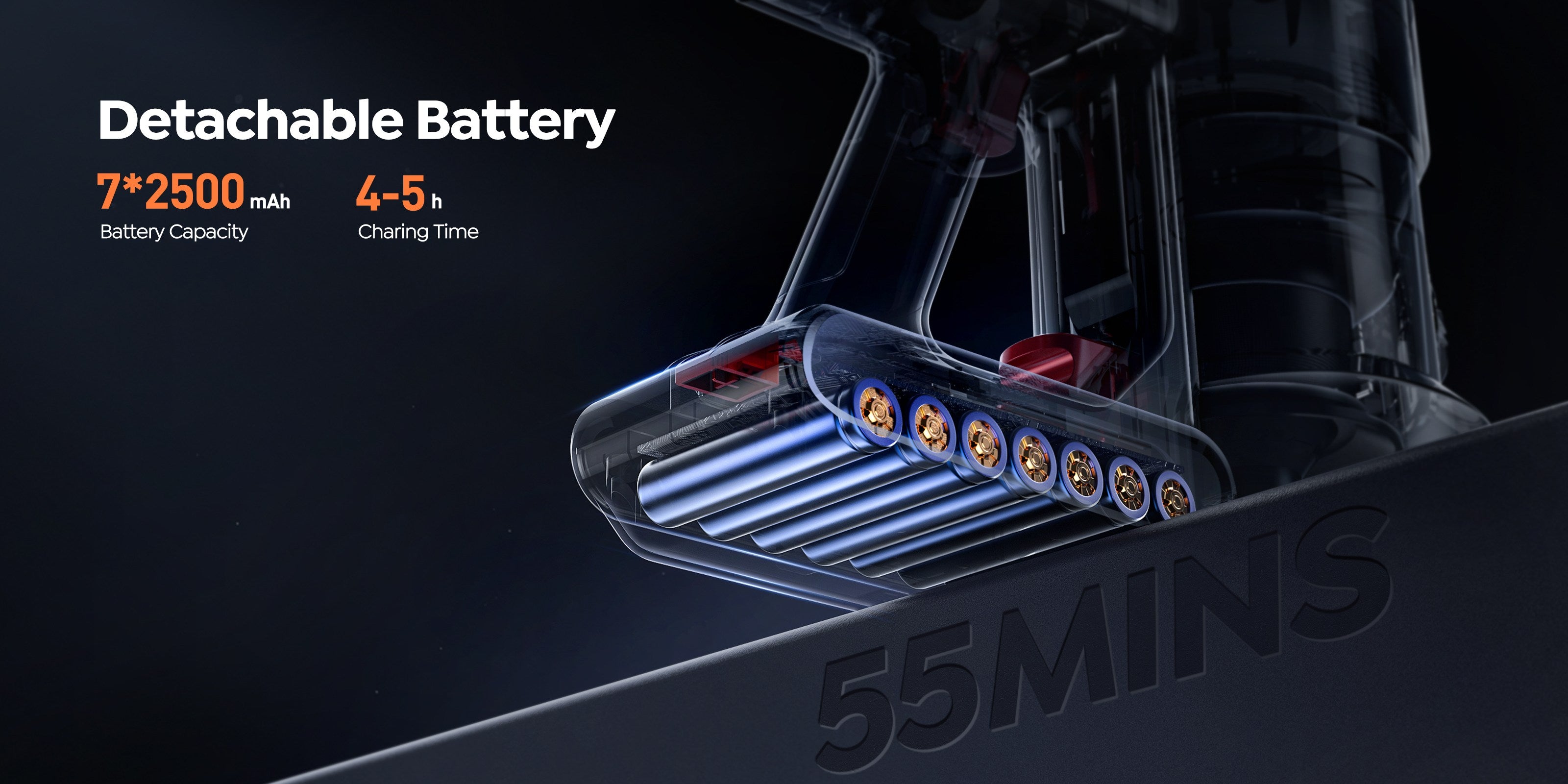 Buture Stick Vacuum Cleaner JR700 Blue features a detachable battery with a capacity of 7 x 2500 mAh and a charging time of 4 to 5 hours, enables you to clean with confidence.