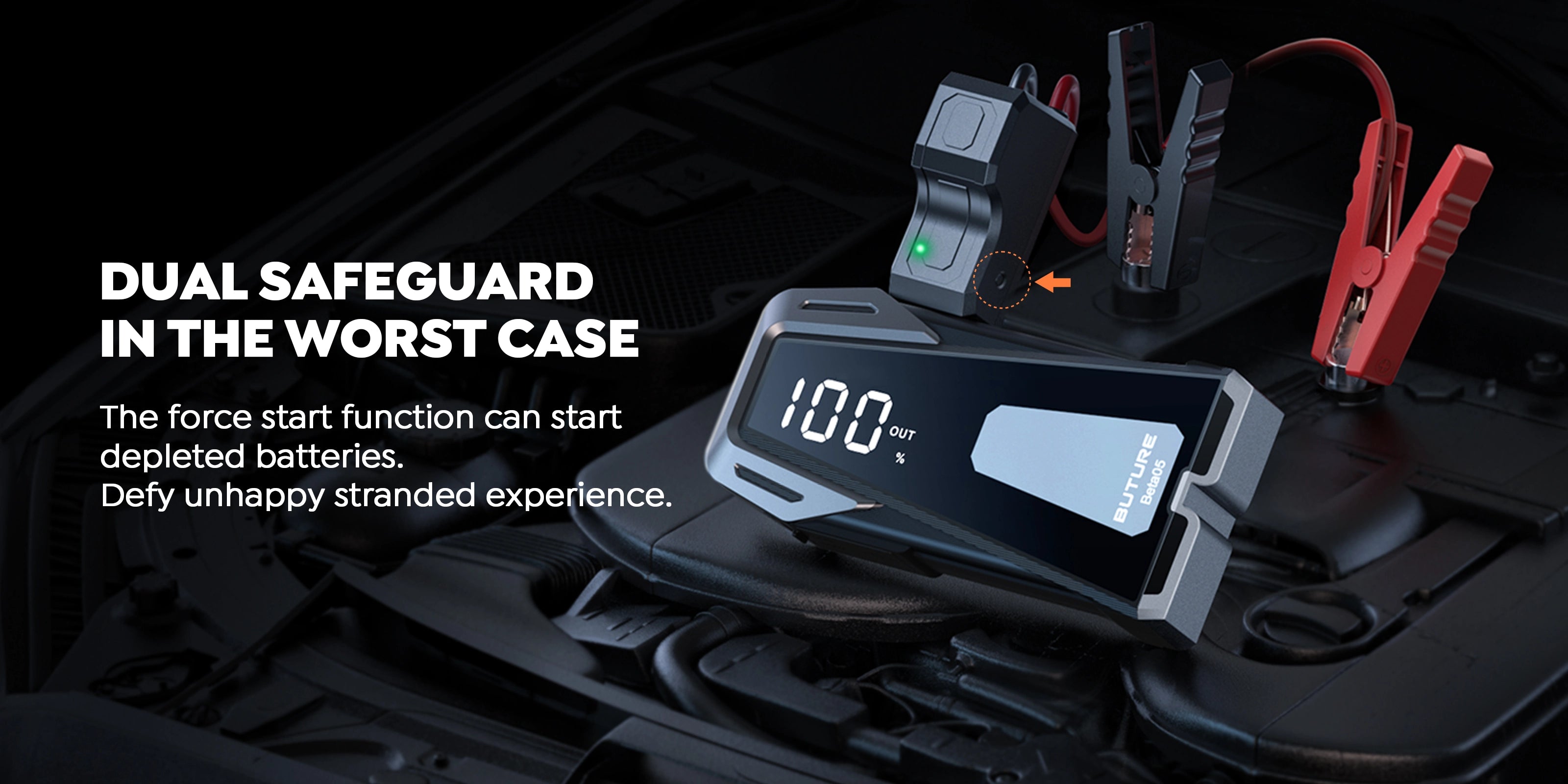Buture Beta05 car jump starter with dual safety protection and force start function to reliably start depleted batteries and prevent roadside delays.