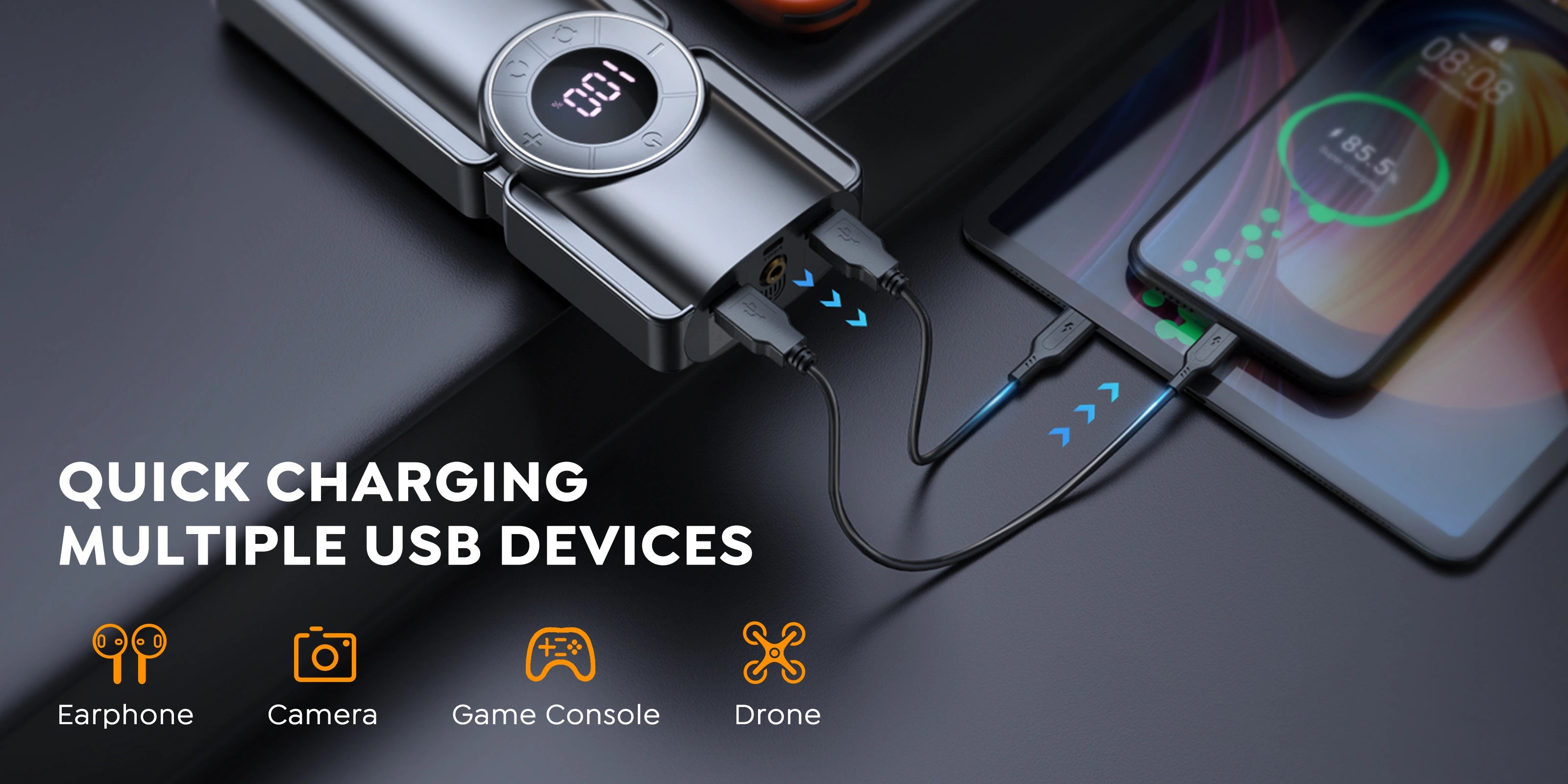 Buture Beta01 jump starter doubles as a fast-charging power bank, capable of quickly charging multiple USB devices such as earphones, cameras, game consoles, and drones.
