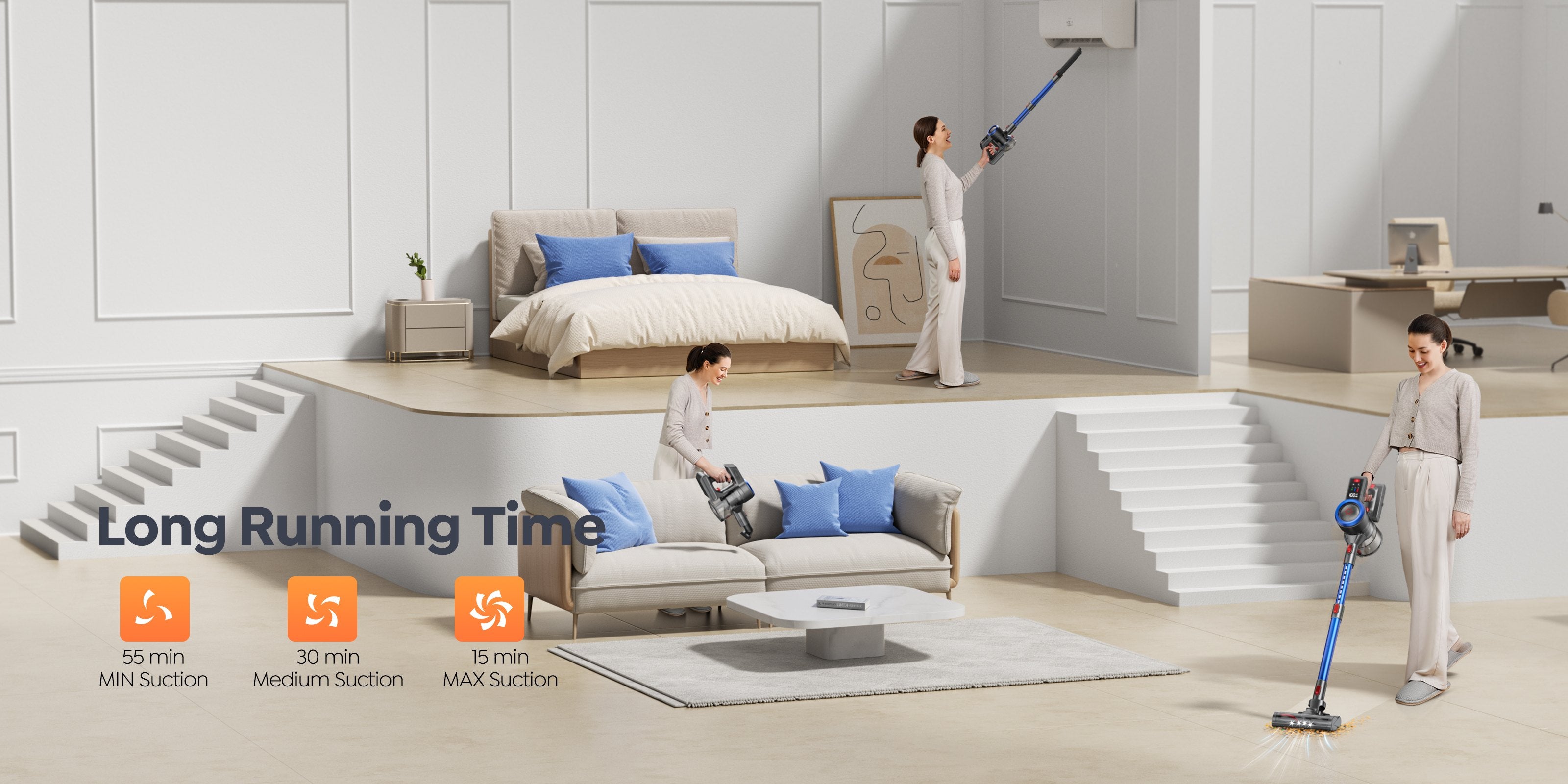 Buture JR700 Blue cordless vacuum cleaner offers long-lasting performance with up to 55 minutes on minimum suction, 30 minutes on medium, and 15 minutes on maximum, suitable for cleaning multiple rooms.