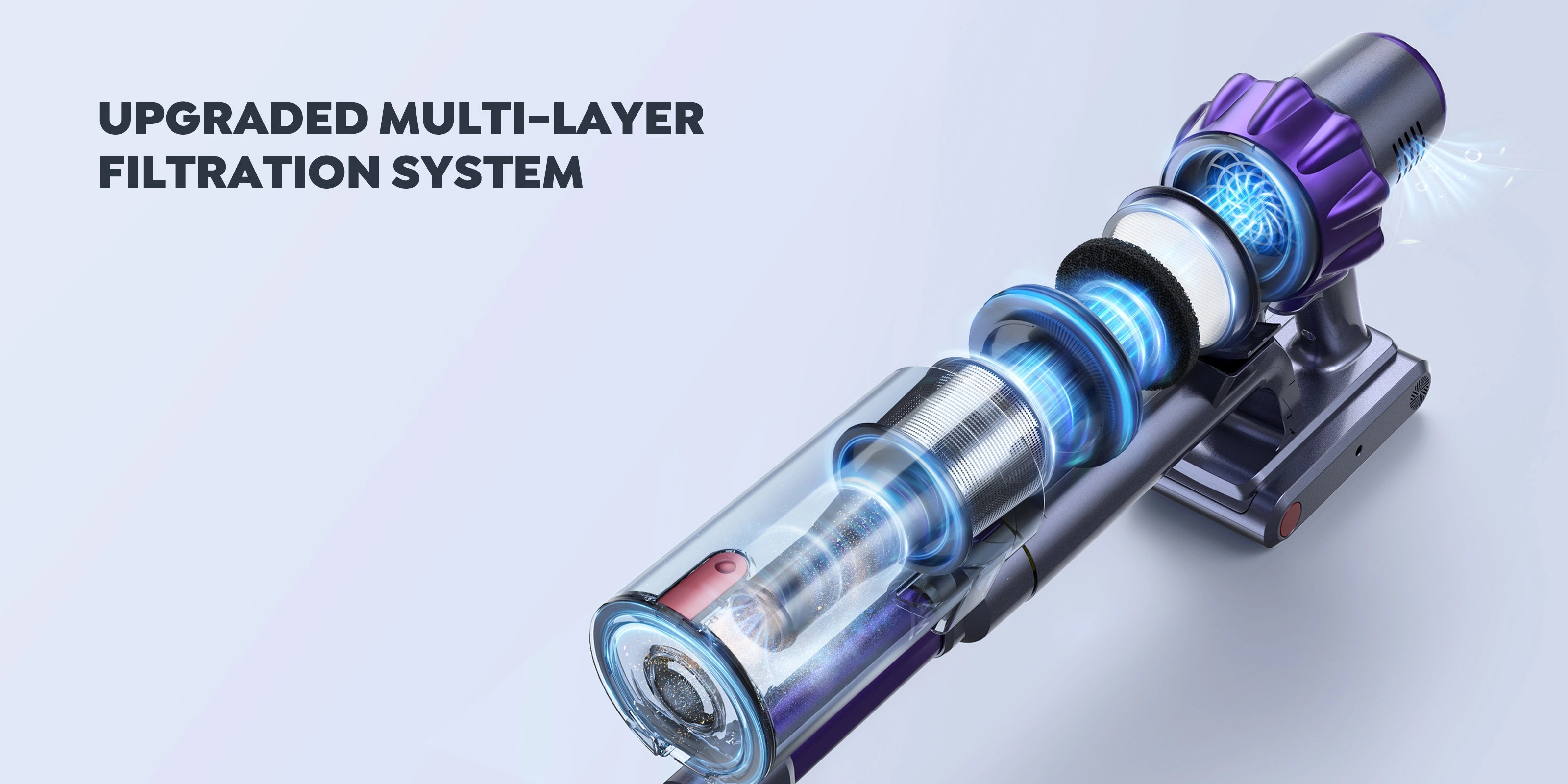 Buture VC70 Cordless Vacuum Cleaner – Upgraded multi-layer filtration system featuring HEPA filters, efficiently capturing fine dust and allergens to ensure cleaner air and sustained powerful suction performance.