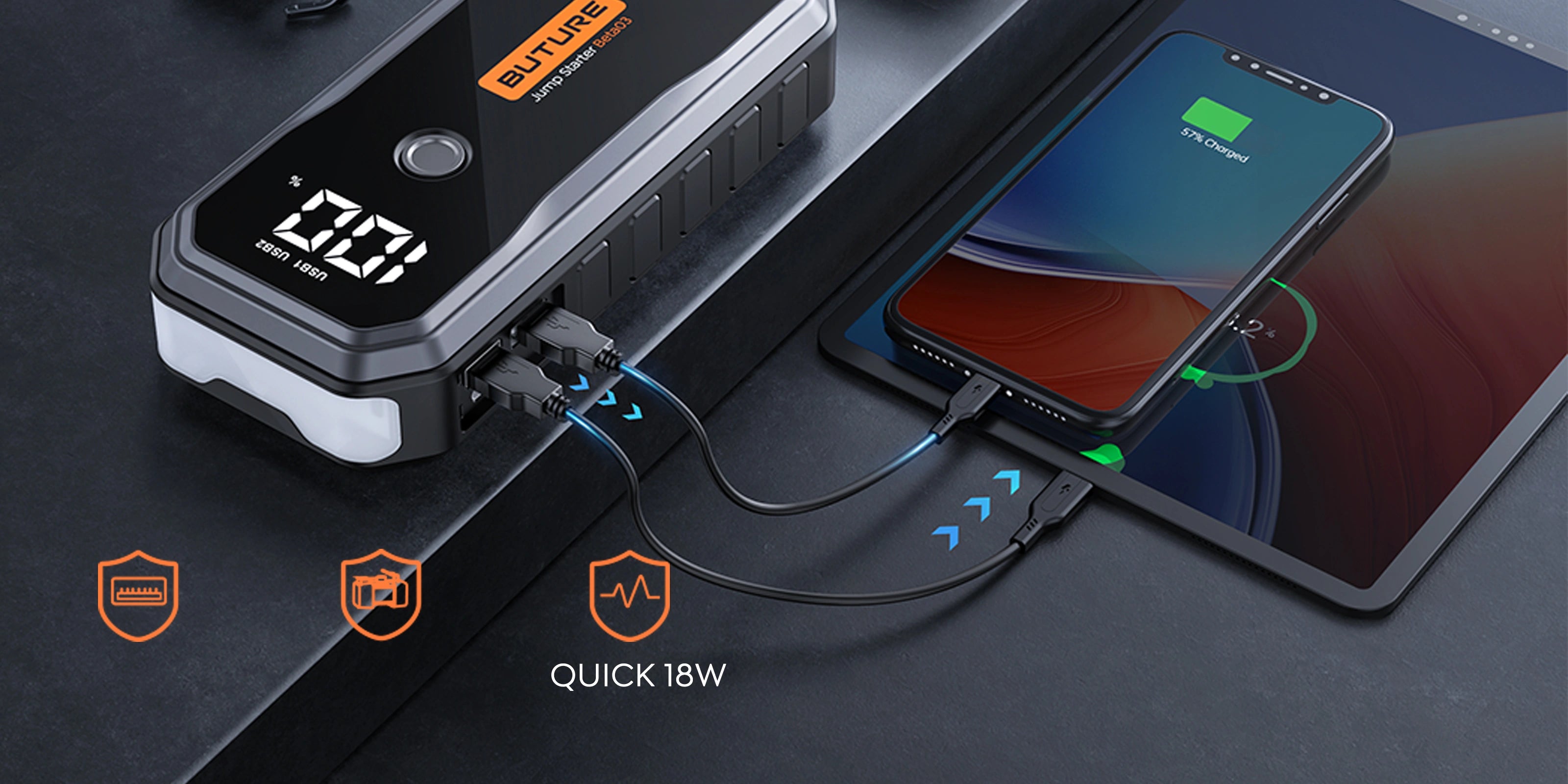 Buture Beta03 car jump starter 26800mAh with two USB Ports providing Quick 18W Recharge.