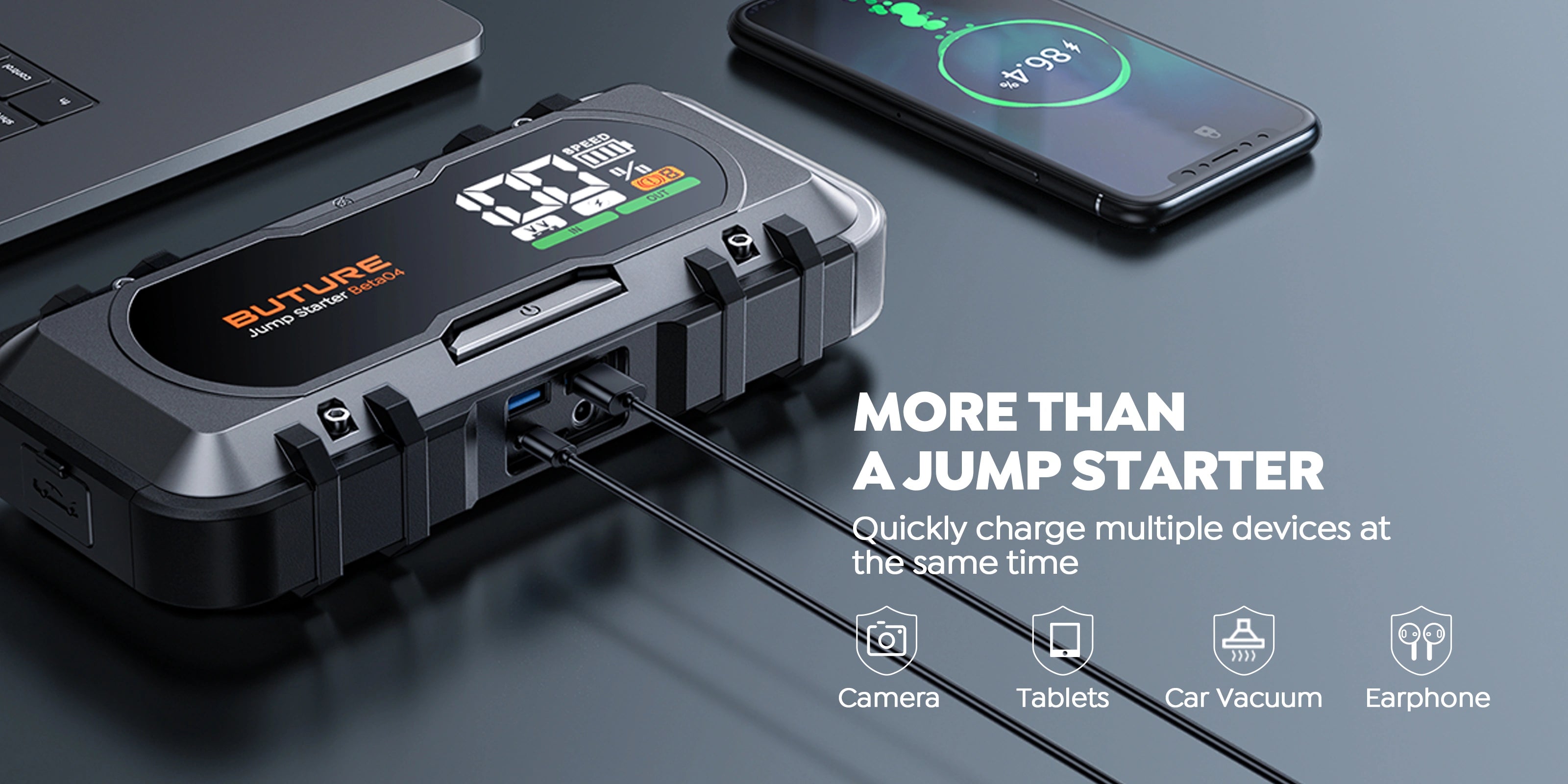 More than a jump starter, Buture Beta04 quickly charges multiple devices simultaneously, including cameras, tablets, car vacuums, and earphones.