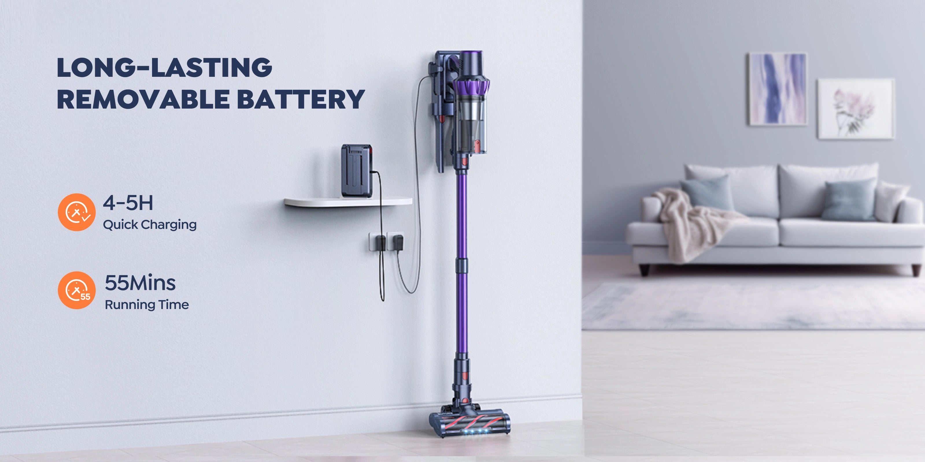 Buture VC70 Cordless Vacuum Cleaner equipped with a long-lasting removable battery that offers up to 55 minutes of continuous runtime after a quick 4–5 hour charge, ensuring uninterrupted whole-house cleaning.