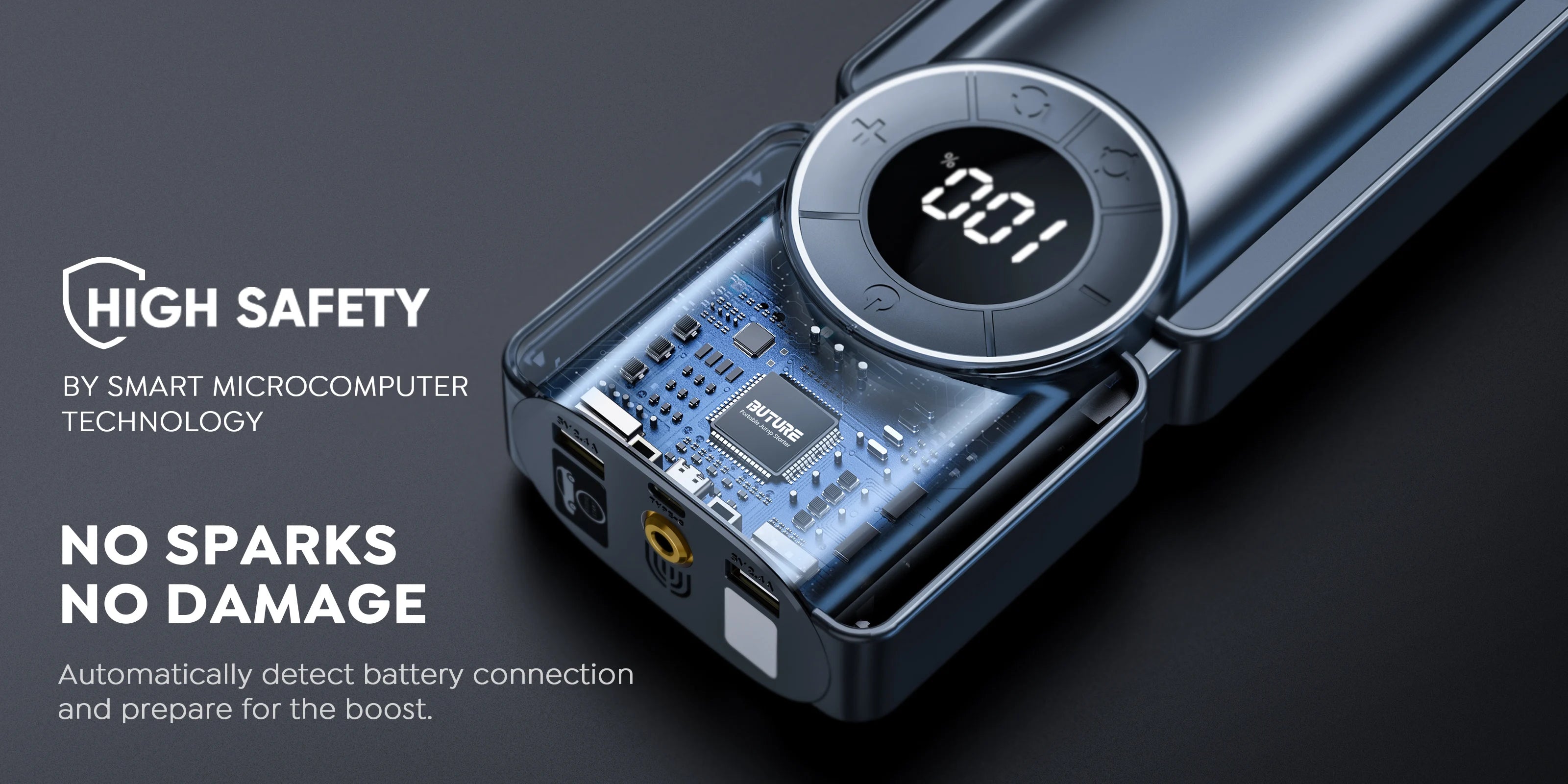 Buture Beta01 jump starter ensures high safety with smart microcomputer technology, featuring automatic battery detection, no sparks, and no damage during use for a secure and reliable jump-starting experience.