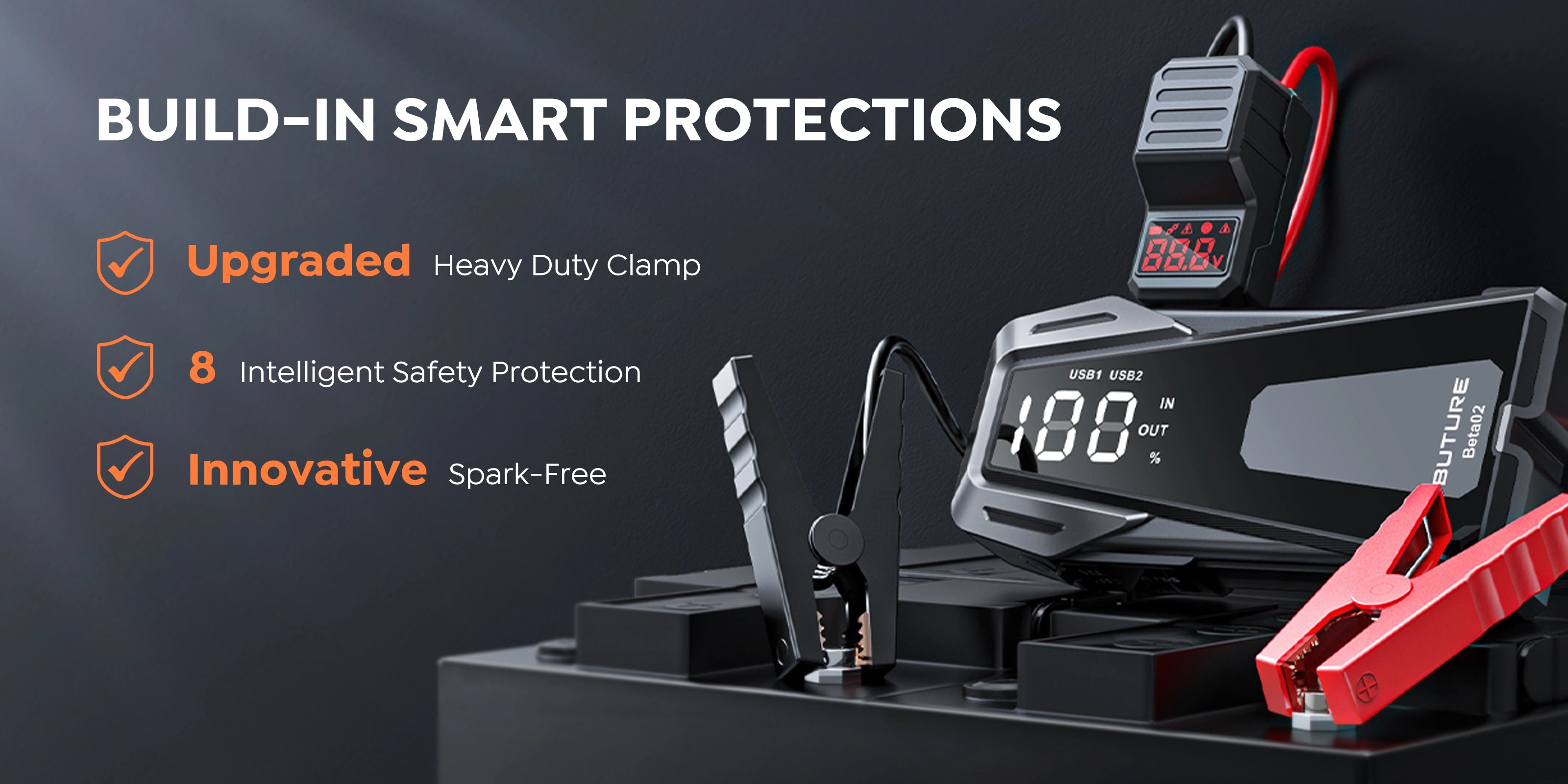Buture Beta02 car jump starter with built-in smart protections, upgraded heavy-duty clamp, 8 intelligent safety features, and innovative spark-free technology for safe and reliable engine starts.