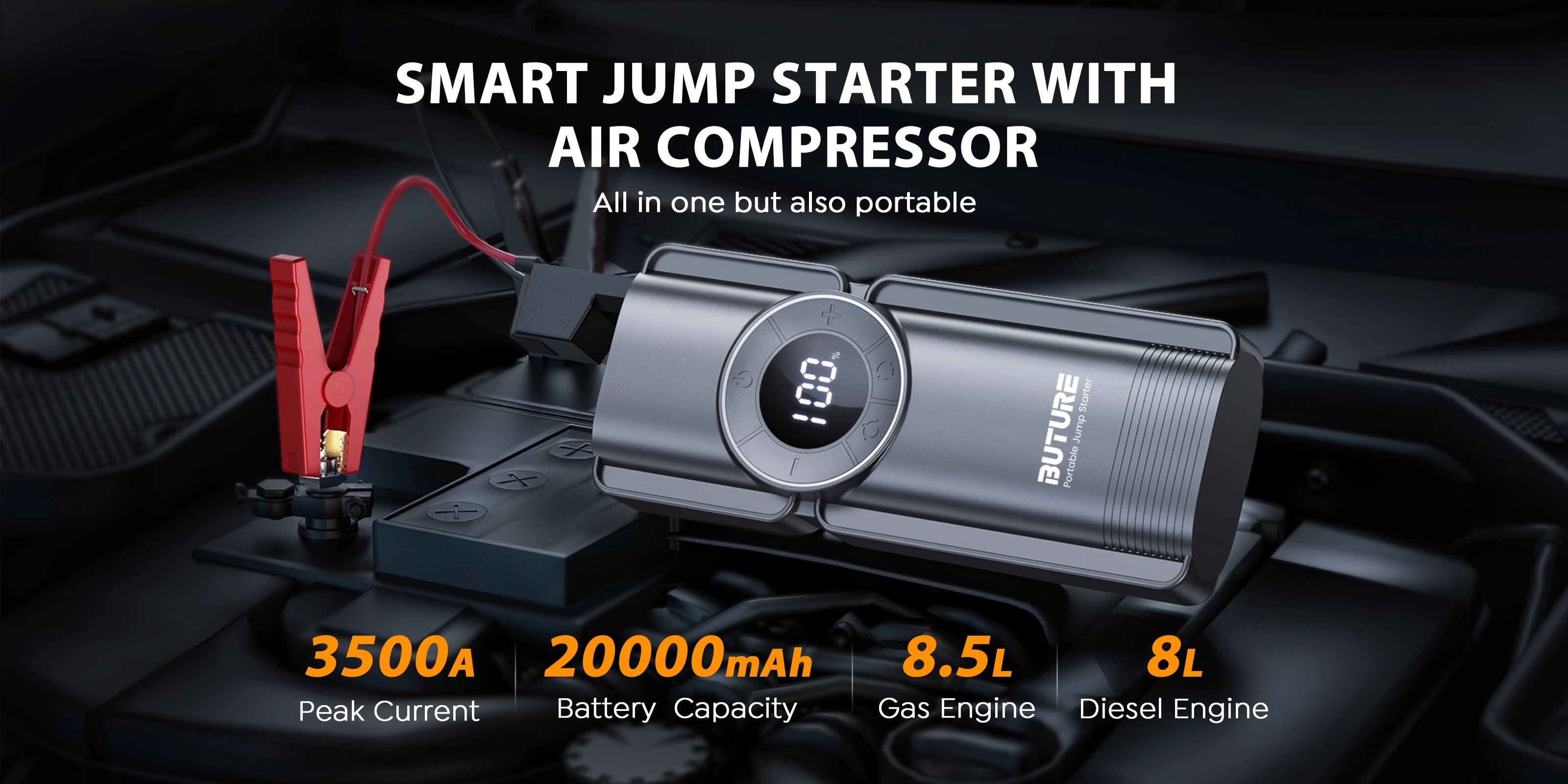 Buture Beta01 smart jump starter with built-in air compressor, featuring 3500A peak current and 20000mAh battery capacity, supports up to 8.5L gas and 8L diesel engines—compact yet powerful all-in-one emergency tool.