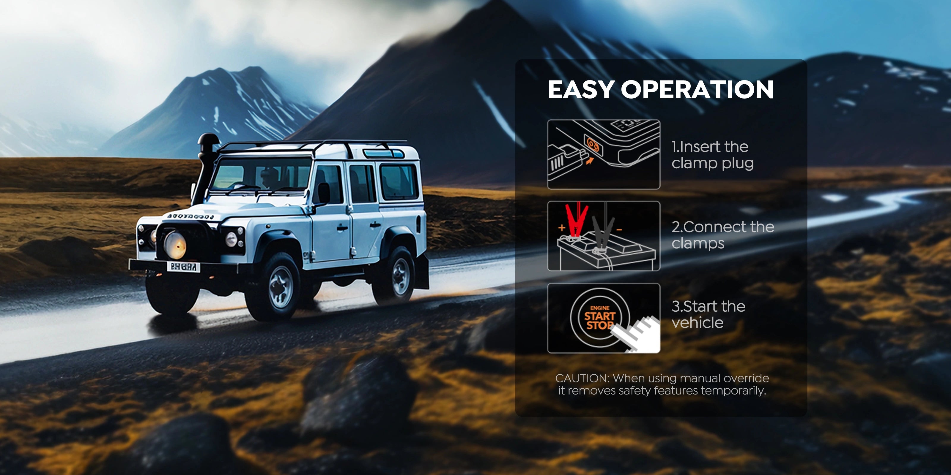 Buture Beta03 Car Jump Starter features simple 3-step operation—insert clamp plug, connect clamps, and start the vehicle—making emergency starts quick and user-friendly.