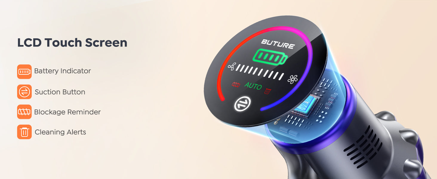 Buture VC80 cordless vacuum cleaner LCD touch screen display showing battery level, suction control button, blockage reminder, and cleaning alerts for user-friendly operation.