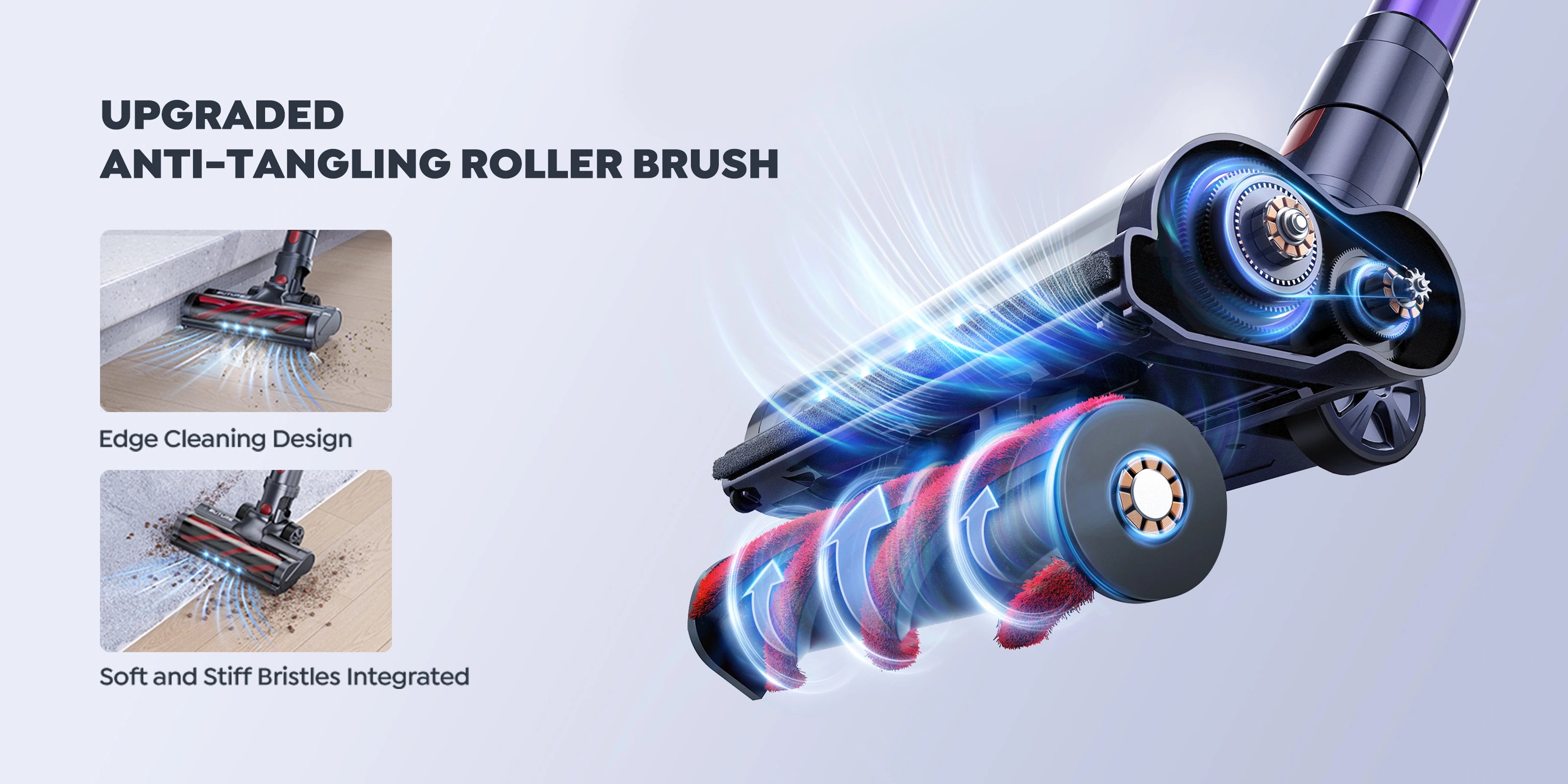 Buture VC70 Cordless Vacuum Cleaner – Upgraded S-shaped anti-tangle roller brush with soft and hard bristles, designed to effectively pick up hair and debris while reducing tangles for a smoother cleaning experience.