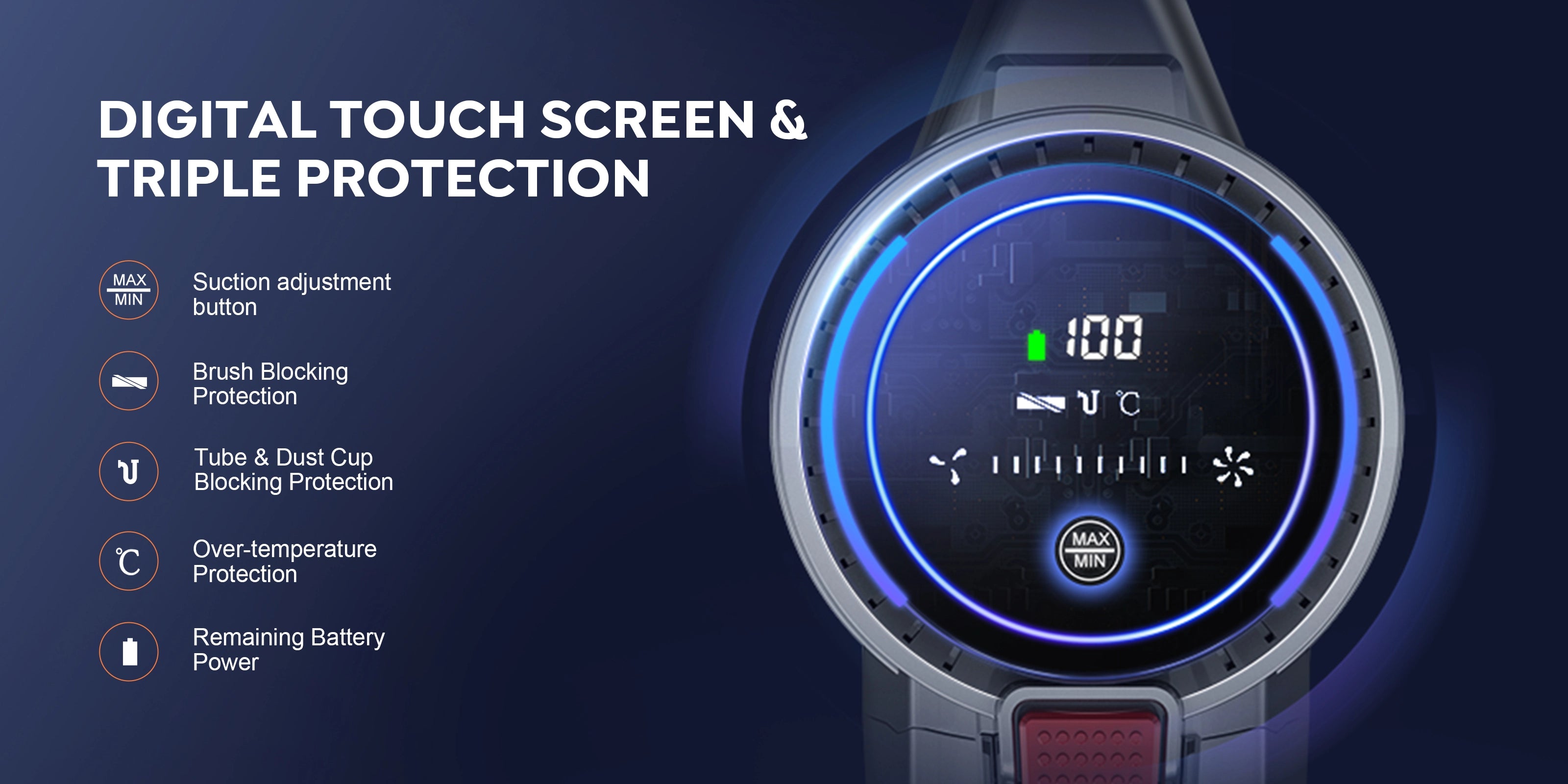 Buture VC10 cordless vacuum cleaner featuring a digital touch screen with suction adjustment, battery level display, and triple protection system including brush blockage alert, tube and dust cup clog detection, and over-temperature protection.