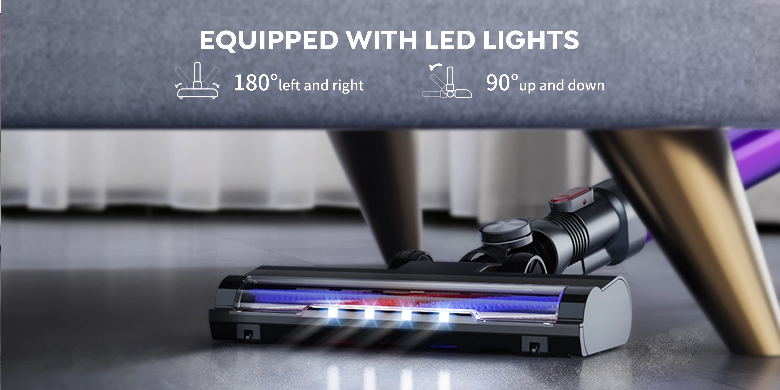 Buture VC10 cordless vacuum cleaner with a flexible floor head that swivels 180° side-to-side and tilts 90° up and down, equipped with LED lights to illuminate dust in dark or hard-to-reach areas.
