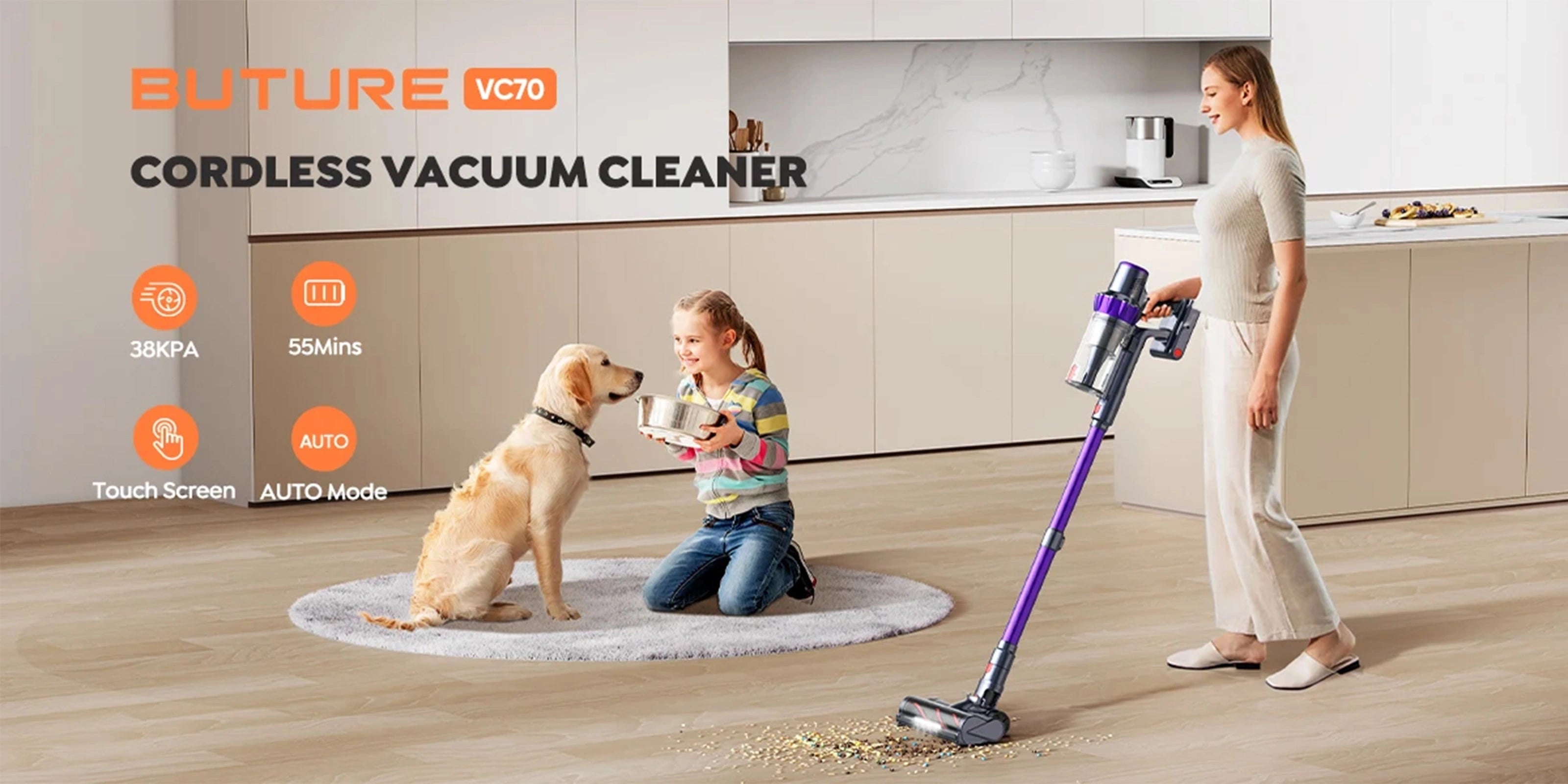 Buture VC70 cordless vacuum cleaner, ultimate whole-house cleaning solution with 38KPA suction power, 55 minutes runtime, touch screen control, and intelligent AUTO mode for optimized cleaning.