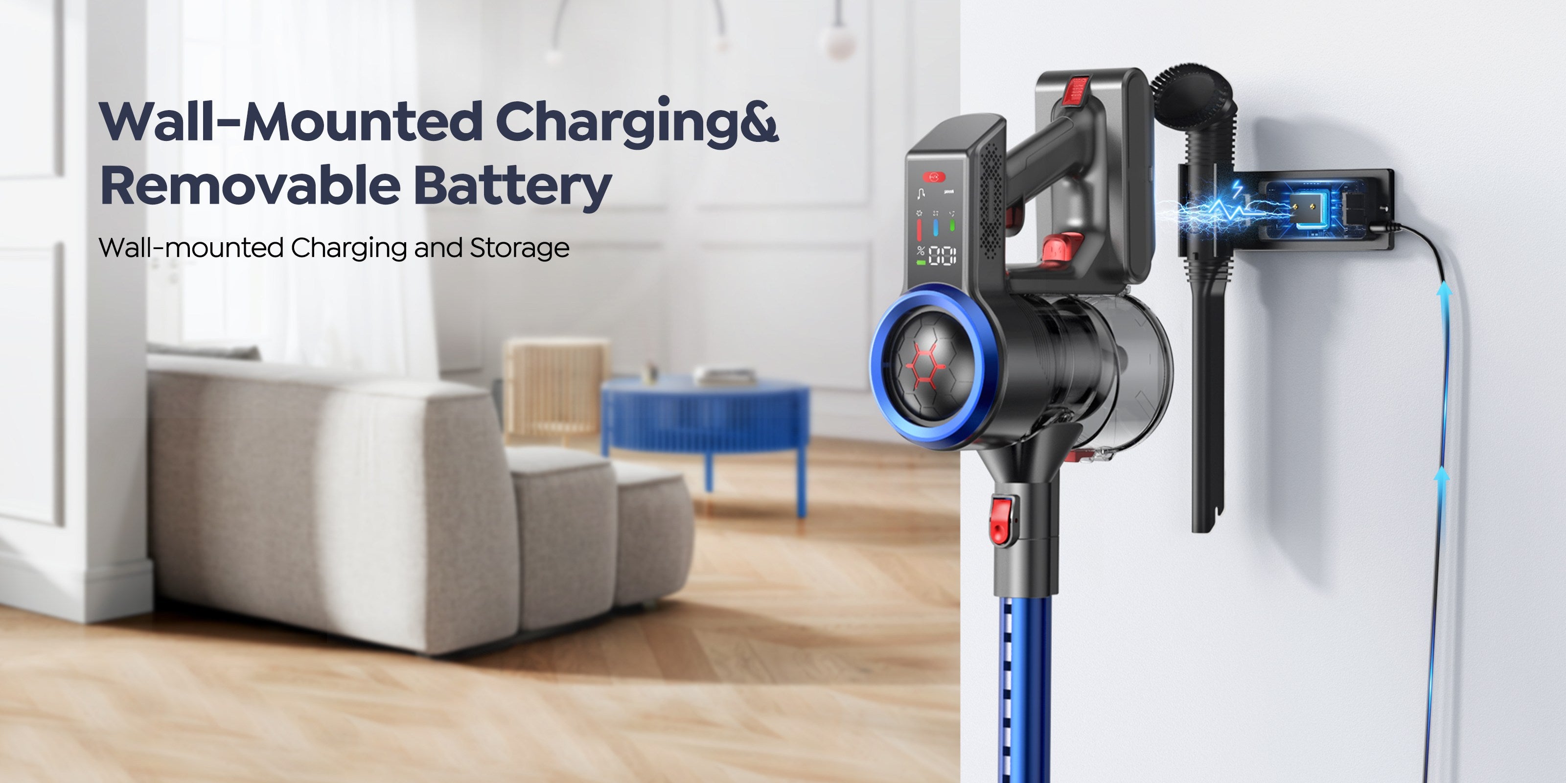 Buture JR700 Blue cordless vacuum cleaner with wall-mounted charging dock for convenient storage and a removable battery for easy charging.