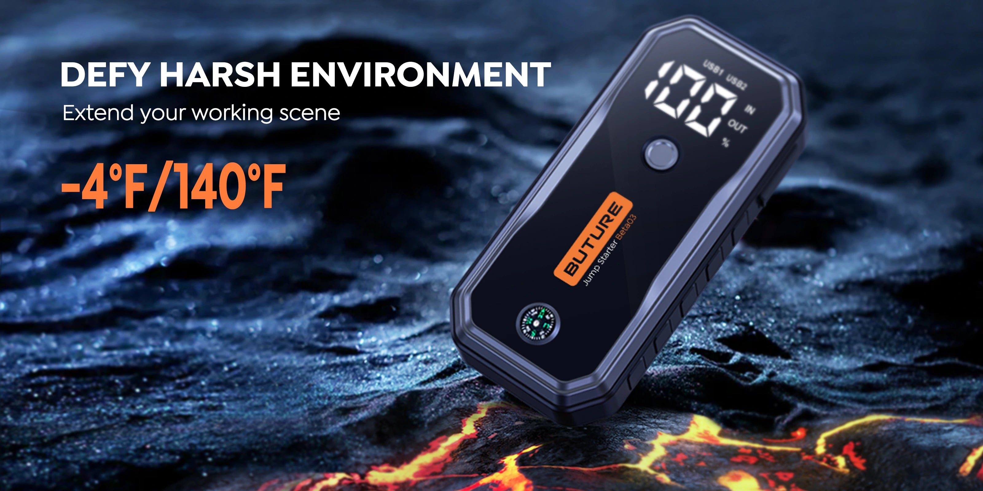 Buture Beta03 jump starter designed for extreme environments, operates reliably in temperatures from -4°F to 140°F, ideal for all-weather emergency use.