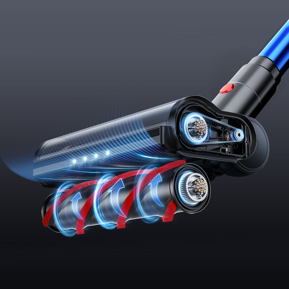 Buture X9 Cordless vacuum cleaner with LED headlights and S-shaped self-cleaning roller brush for tangle-free pet hair pickup on all floors.