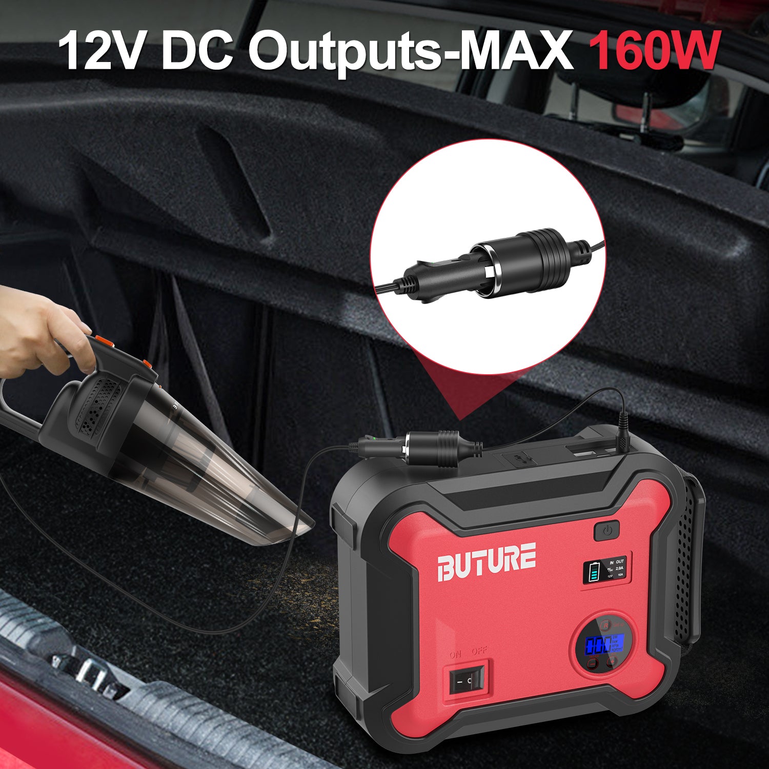 Buture BR700 car jump starter featuring 12V DC output with max 160W power, suitable for powering car vacuum cleaners and other 12V automotive devices