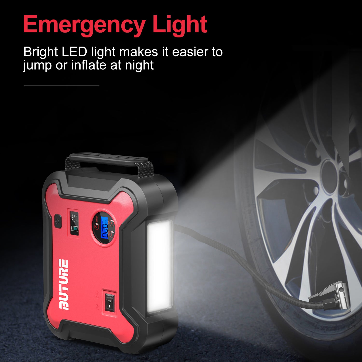 Buture BR700 car jump starter with bright LED emergency light, providing better visibility for jump-starting or inflating tires at night