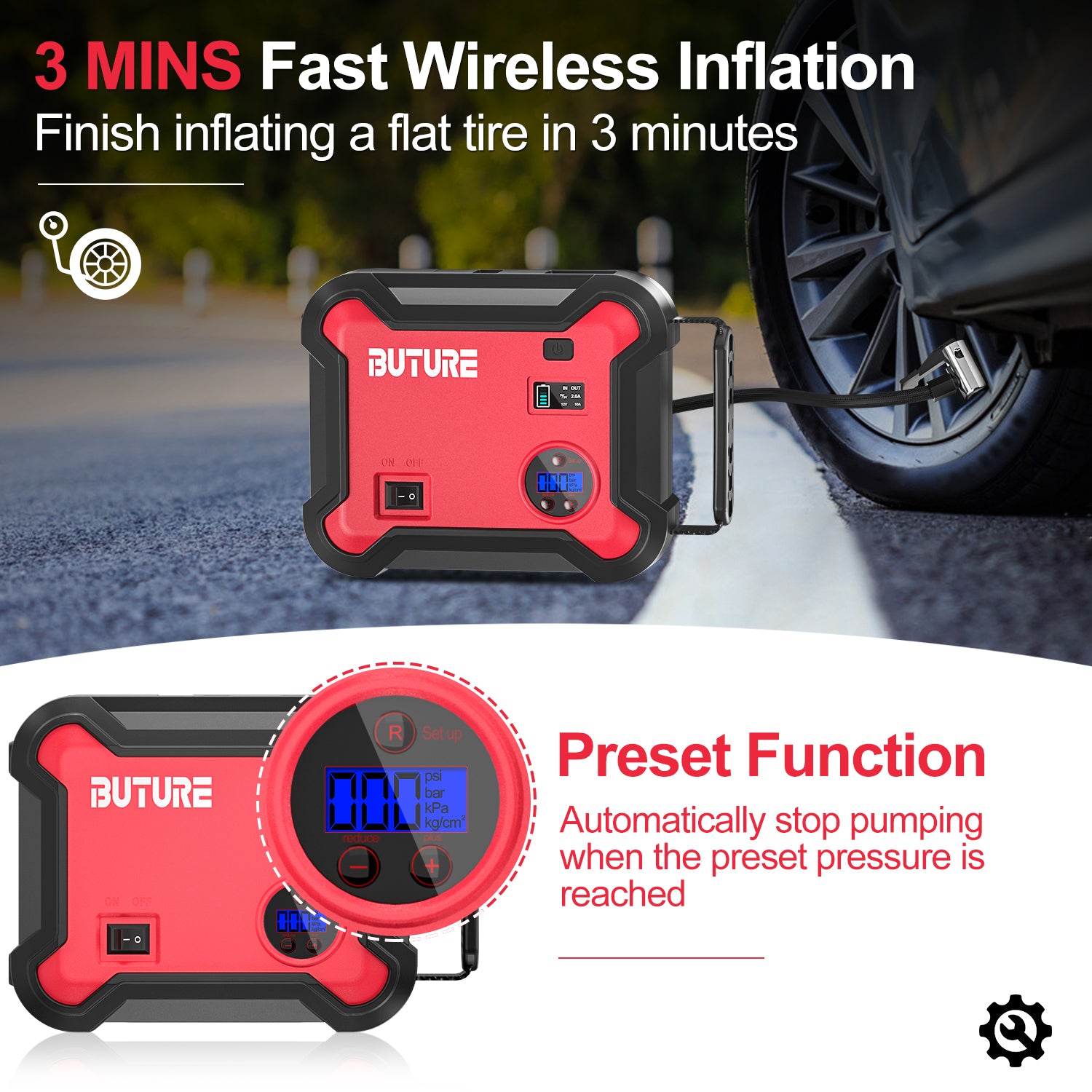 Buture BR700 car jump starter with 3-minute fast wireless tire inflation, preset function that automatically stops pumping when desired pressure is reached