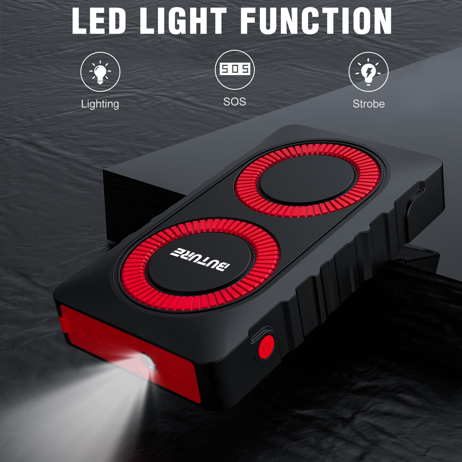 Buture BR800 car jump starter with multifunctional LED light featuring regular lighting, SOS, and strobe modes, serving as an essential emergency lifesaver