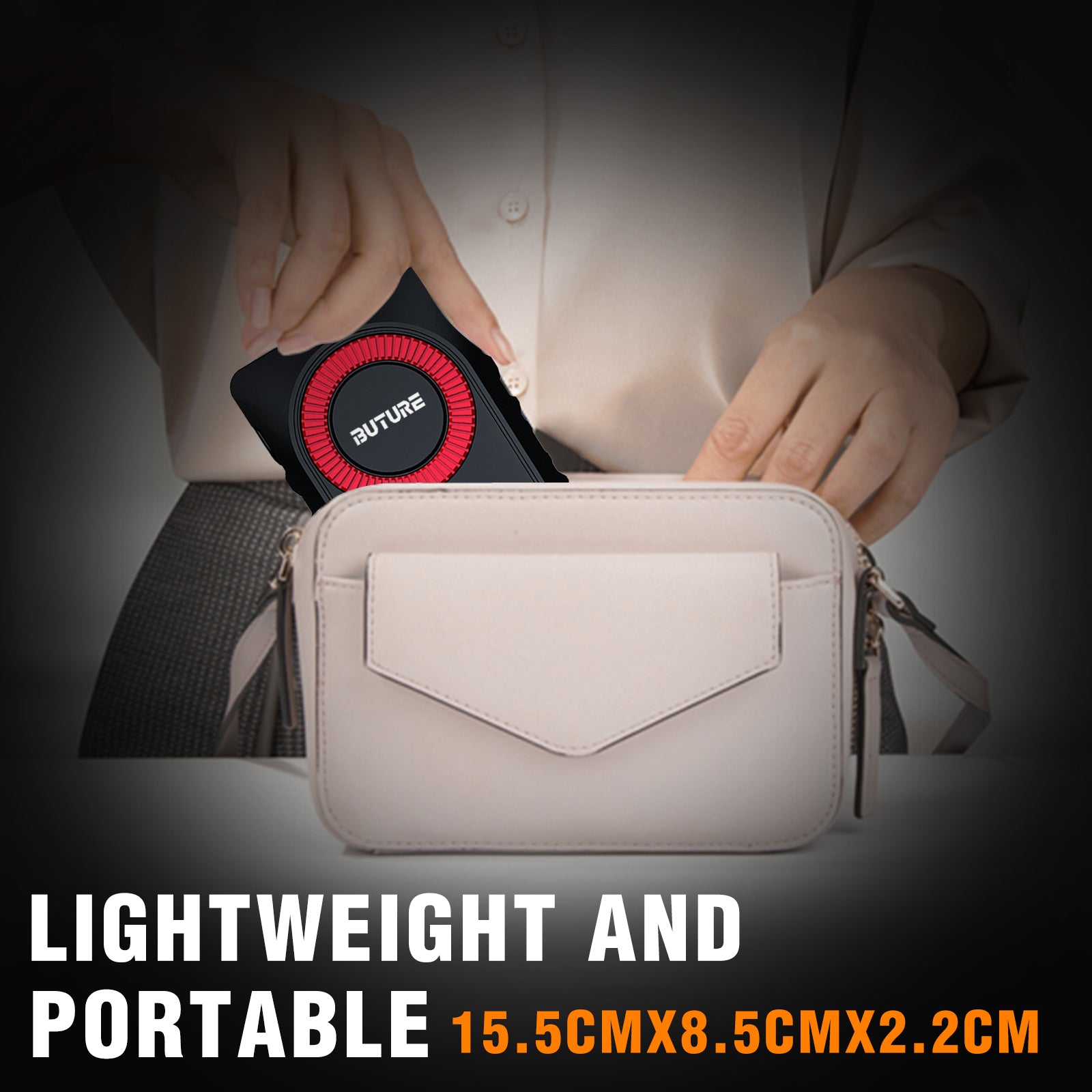 Buture BR800 car jump starter, lightweight and portable with dimensions 15.5cm x 8.5cm x 2.2cm, easily fits in a handbag, ideal for on-the-go use