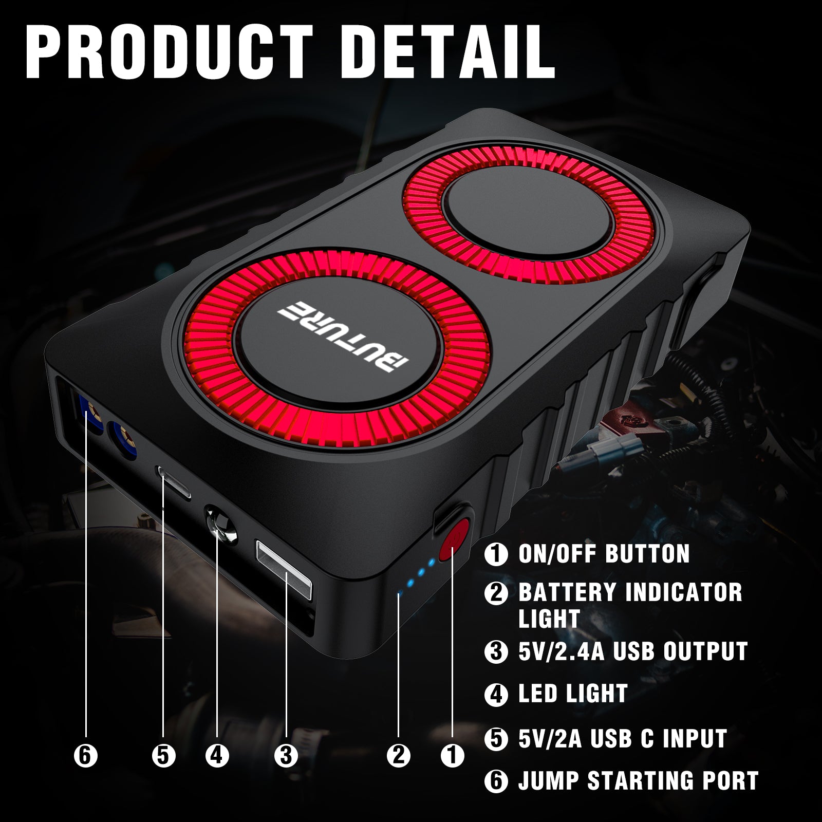 Buture BR800 car jump starter product detail showing ON/OFF button, battery indicator light, 5V/2.4A USB output, LED light, 5V/2A USB-C input, and jump starting port